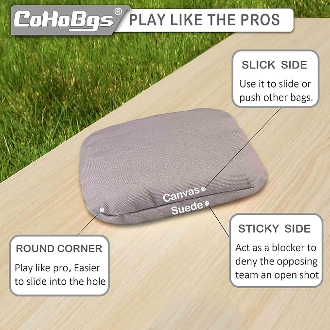 CoHoBgs Corn Hole Bags Set 8, Professional Cornhole Bags Dual-Sided Slick & Stick Resin Filled Suede and Duck Canvas Bean Bag for Cornhole Game Includes Carry Case