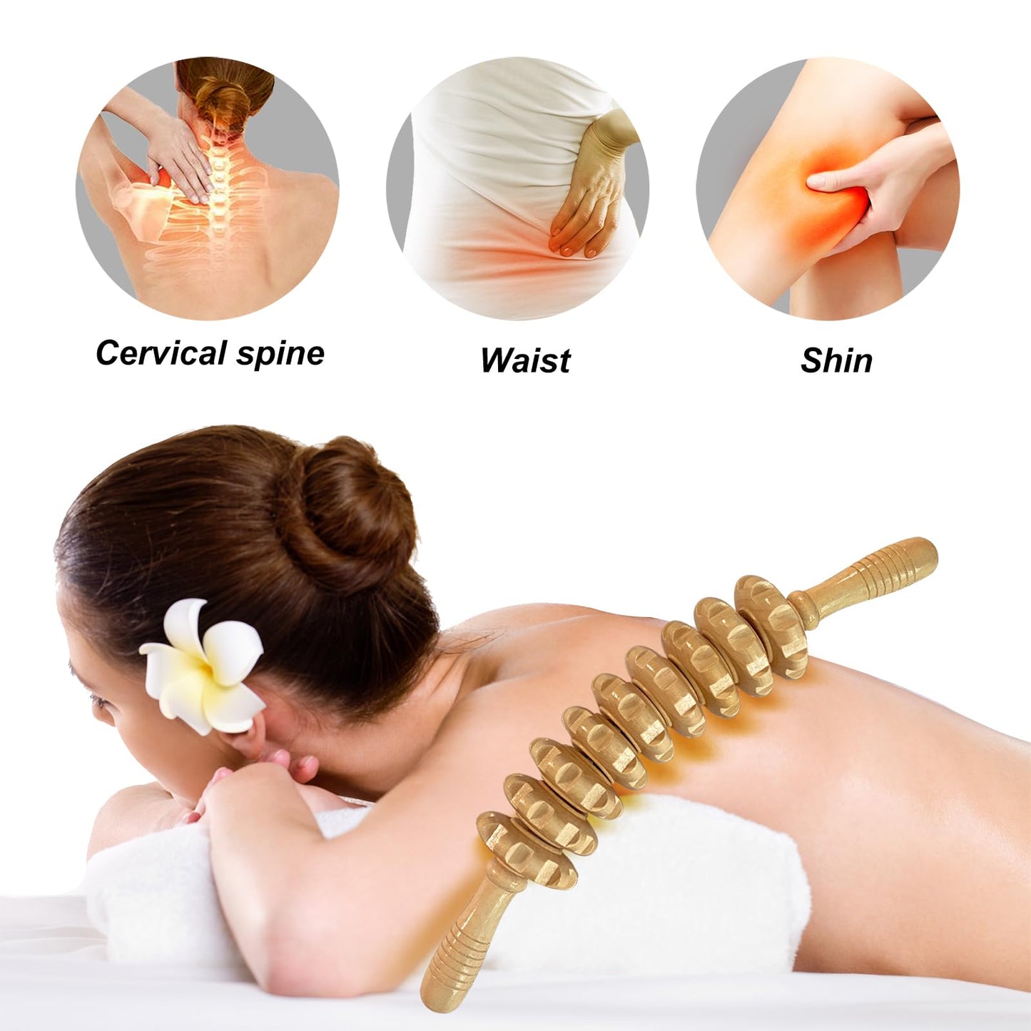 Deston Manual Massage Stick, Curved Wooden Handheld Roller Trigger Point Massager for Fascia, Cellulite, Muscle & Abdomen, Body Therapy Massager, Belly Relief Tool, White