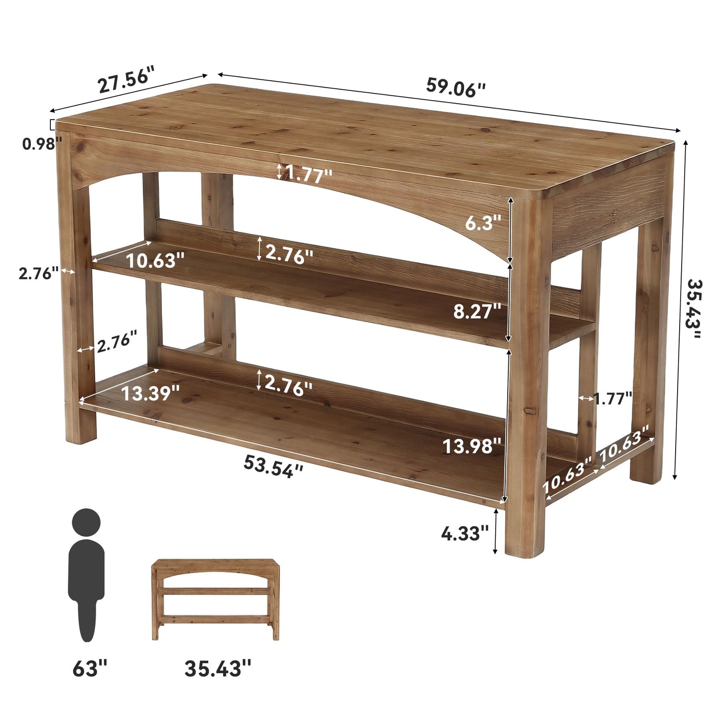 TRIBEWOOOD 59 Inches Kitchen Island with Storage, 3-Tier Solid Wood Stationary Island Table with Open Shelves, Large Prep Table for Kitchen Dining Room, Rustic Brown
