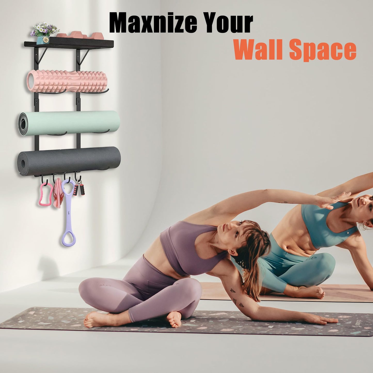 Lanasz Yoga Mat Holder Wall Mount - 4 Tier Home Gym Storage Rack with Shelf & 5 Hooks, Gym Equipment Organizer & Wall Storage for Workout Room Decor