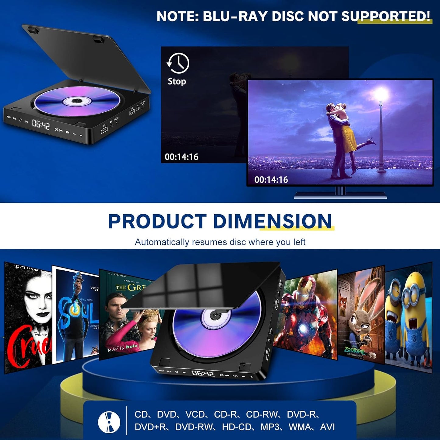 tengertang Region-Wide Free DVD Player Portable CD Player with HDMI and AV Output Ports Multifunctional DVD Player USB