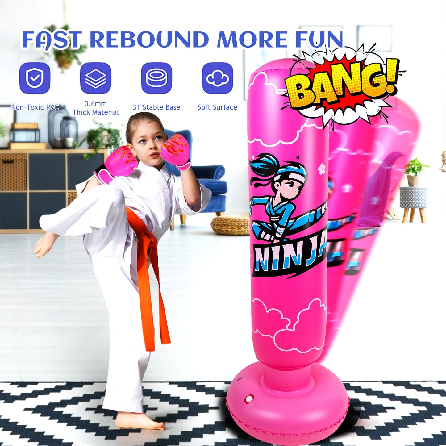 Onirii Kids Inflatable Punching Bag,66 Inch Large Stable Kids Inflatable Boxing Bag Toy Set with Gloves,Great Gifts for Boys & Girls Age 6-12 for Taekwondo,MMA and Practicing Karate