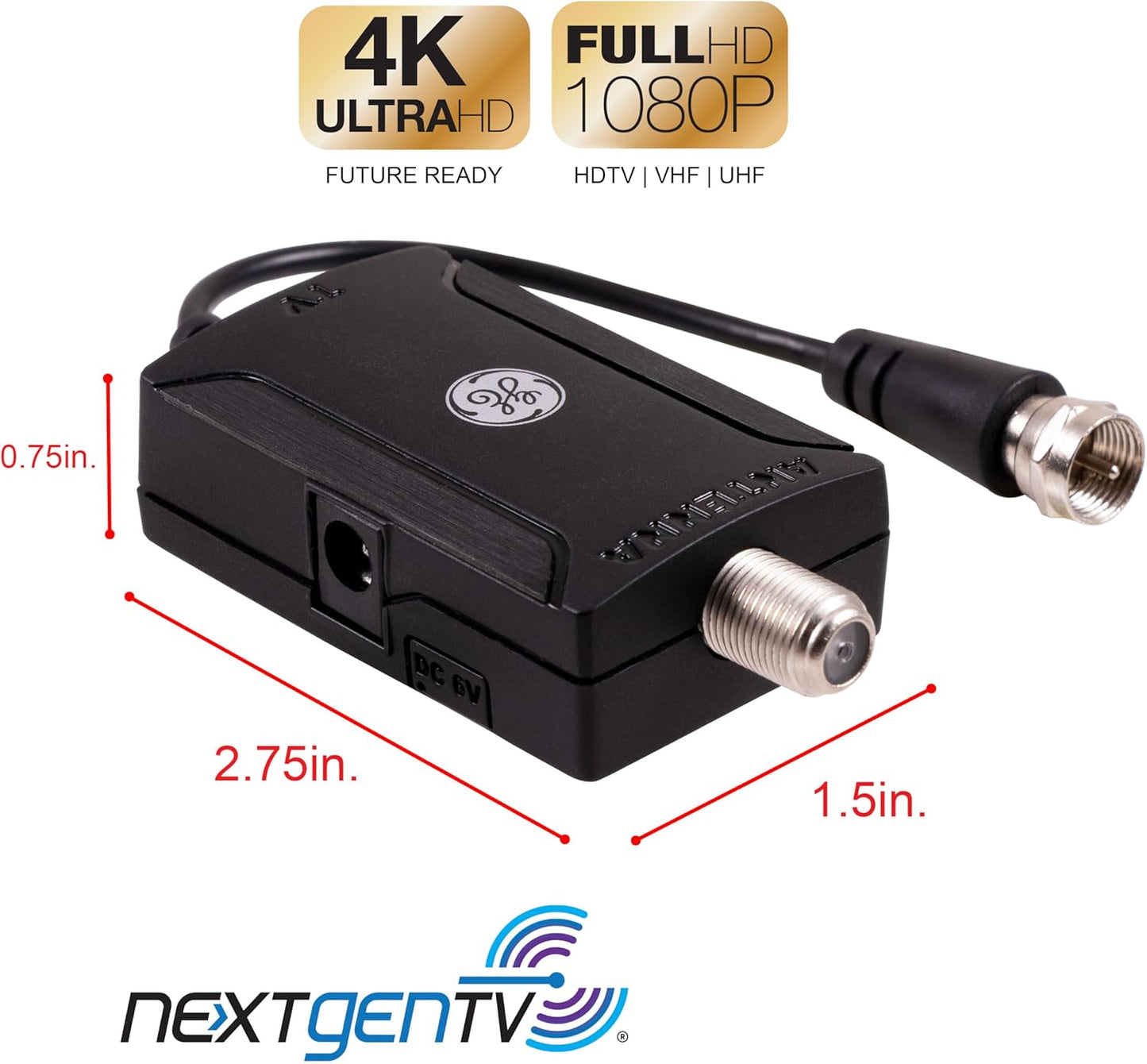 GE 42178 Indoor HD Digital TV Antenna Amplifier, Low Noise Antenna Signal Booster, Clears Up Pixelated Low-Strength