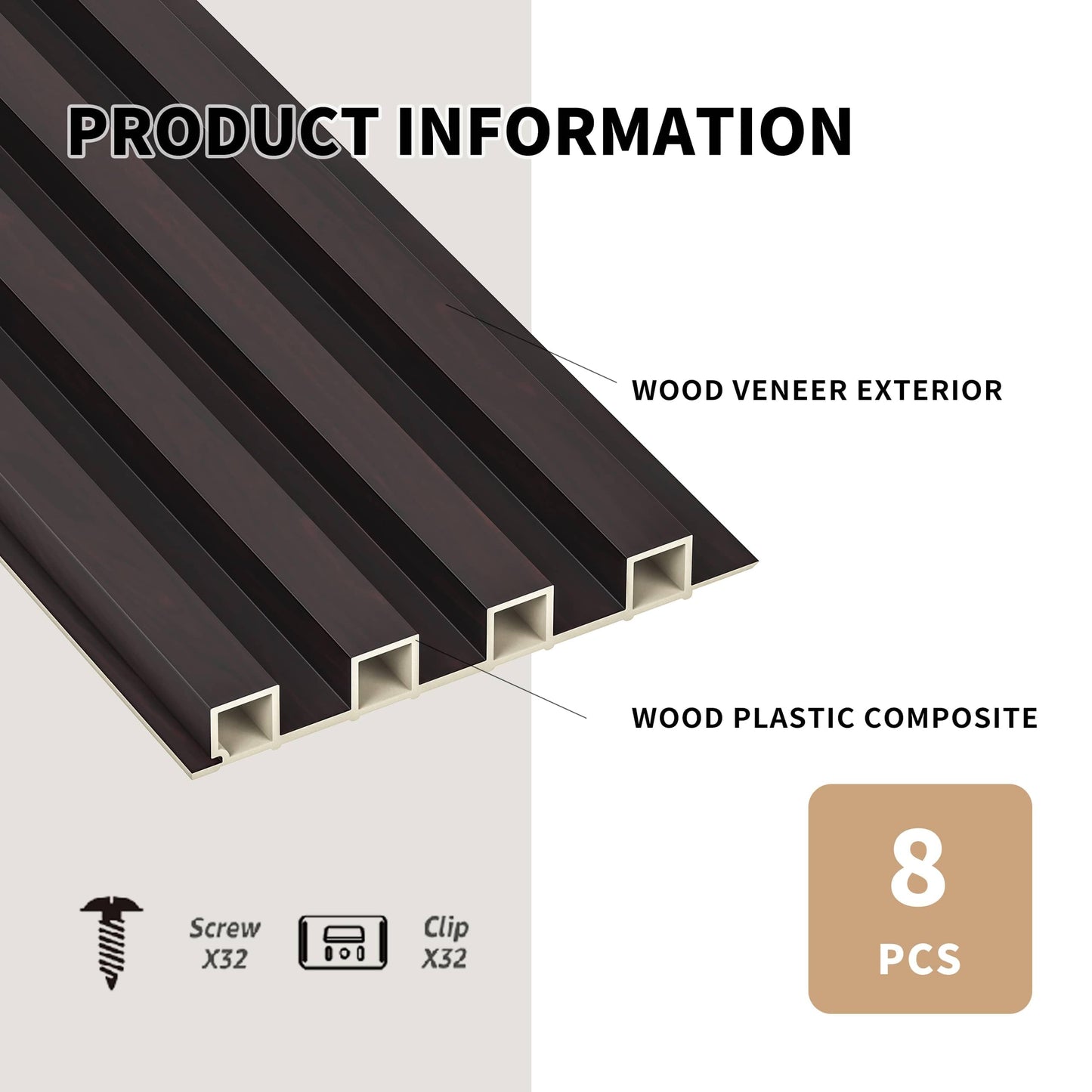POHARE WPC Slat Wall Panels, 8 Pack Accent Decorative Acoustic Wood Slats for Wall and Ceilings, Acoustic Panels for Interior Wall Modern Décor, Black Brown, 95 x 6 in