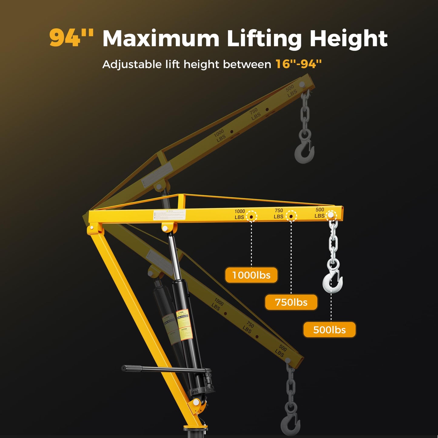 CAMMOO 1000lbs Receiver Hitch Mounted Hydraulic 360° Swivel Truck Crane with 3 Boom Capacity Options: 500lbs, 750lbs, 1000lbs. Ideal for Workshops, Construction, Agriculture, and Logging,Yellow