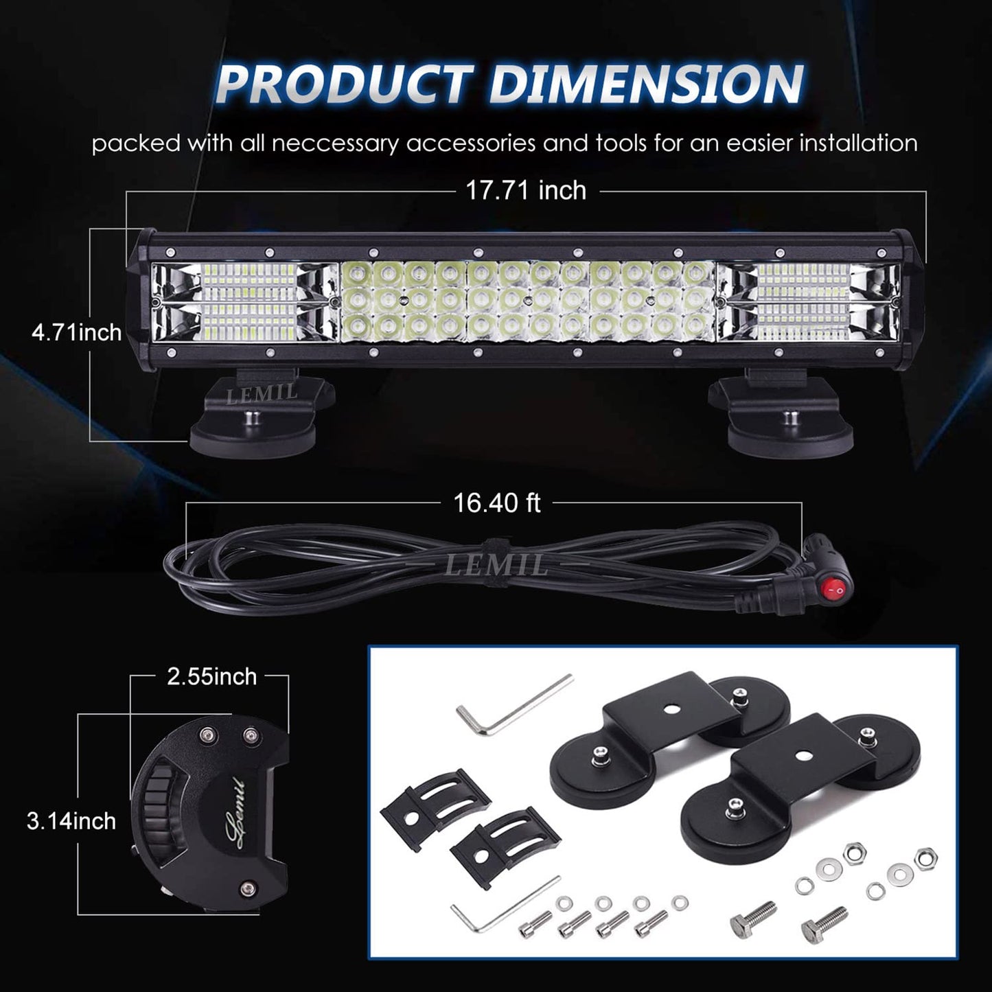 LEMIL LED Light Bar 18'' 252W Magnetic Light Triple Row Lights Cigarette Lighter Plug Flood Spot Combo Beam 12V Work Light High Power Wire Harness Kit Fog Driving Light Offroad Truck 4x4 Pickup ATV