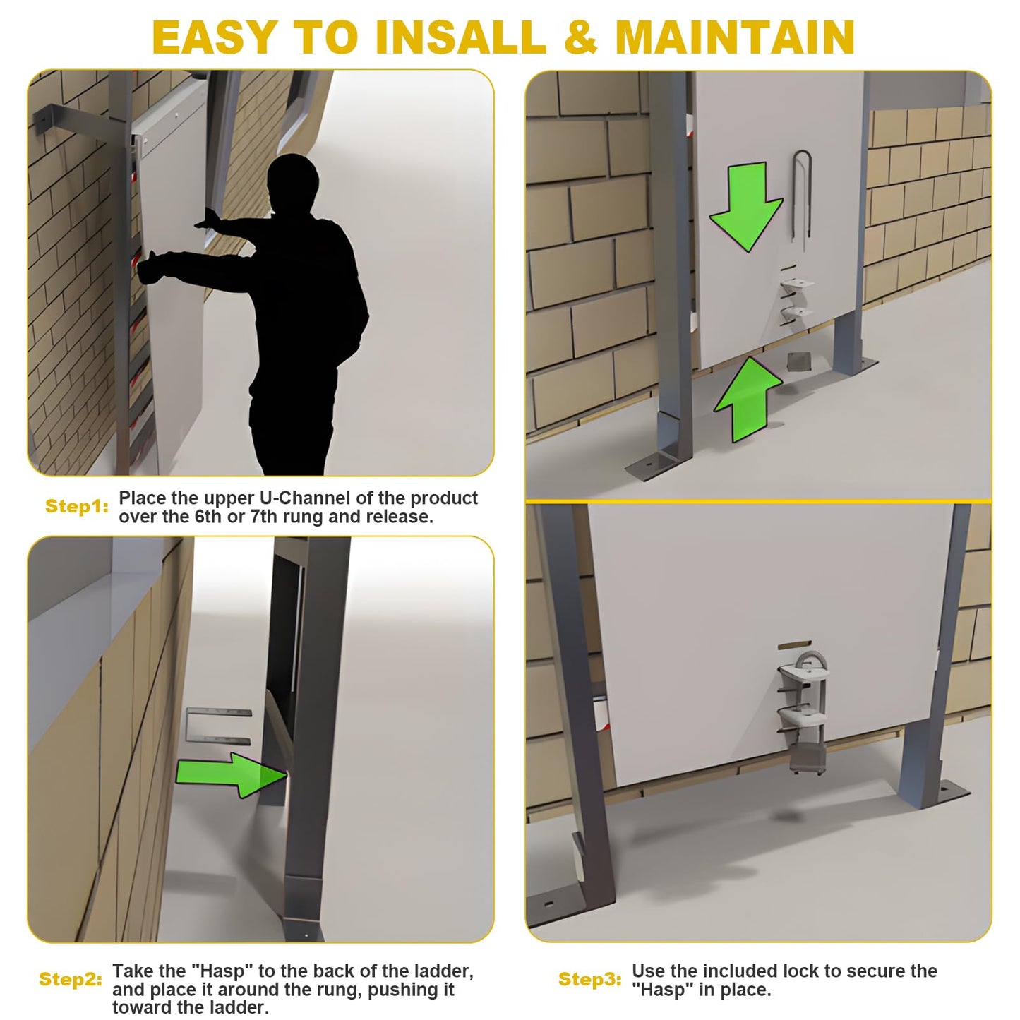 HomiShare Fixed Ladder Safety Guard, Tool-Free Install for 16"-19.25" Rungs, Anti-Theft & Weatherproof with Padlock
