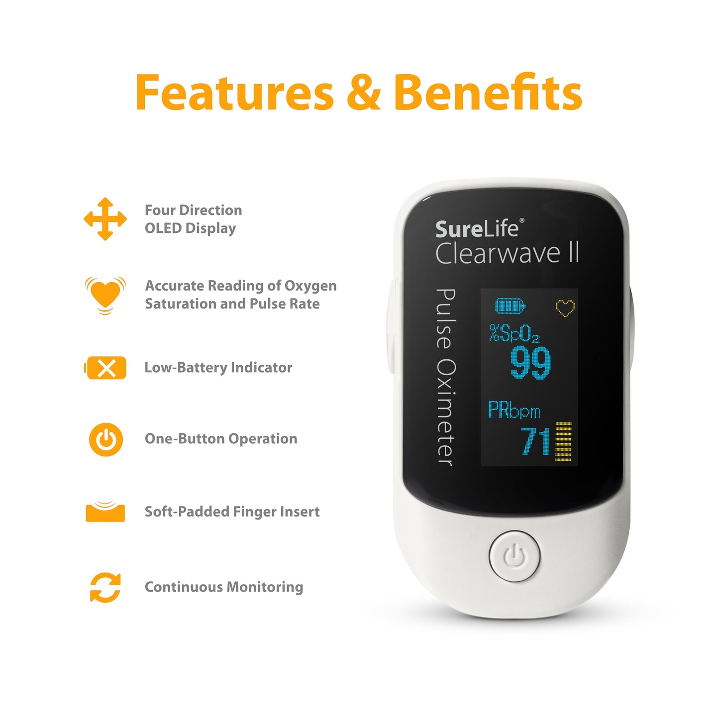 SureLife Clearwave II Pulse Oximeter with OLED Display, SpO2 Sensor, Pulse Rate and Strength Monitor, Multi-Angle View, One Button Operation, Fingertip Oximeter with Batteries and Lanyard