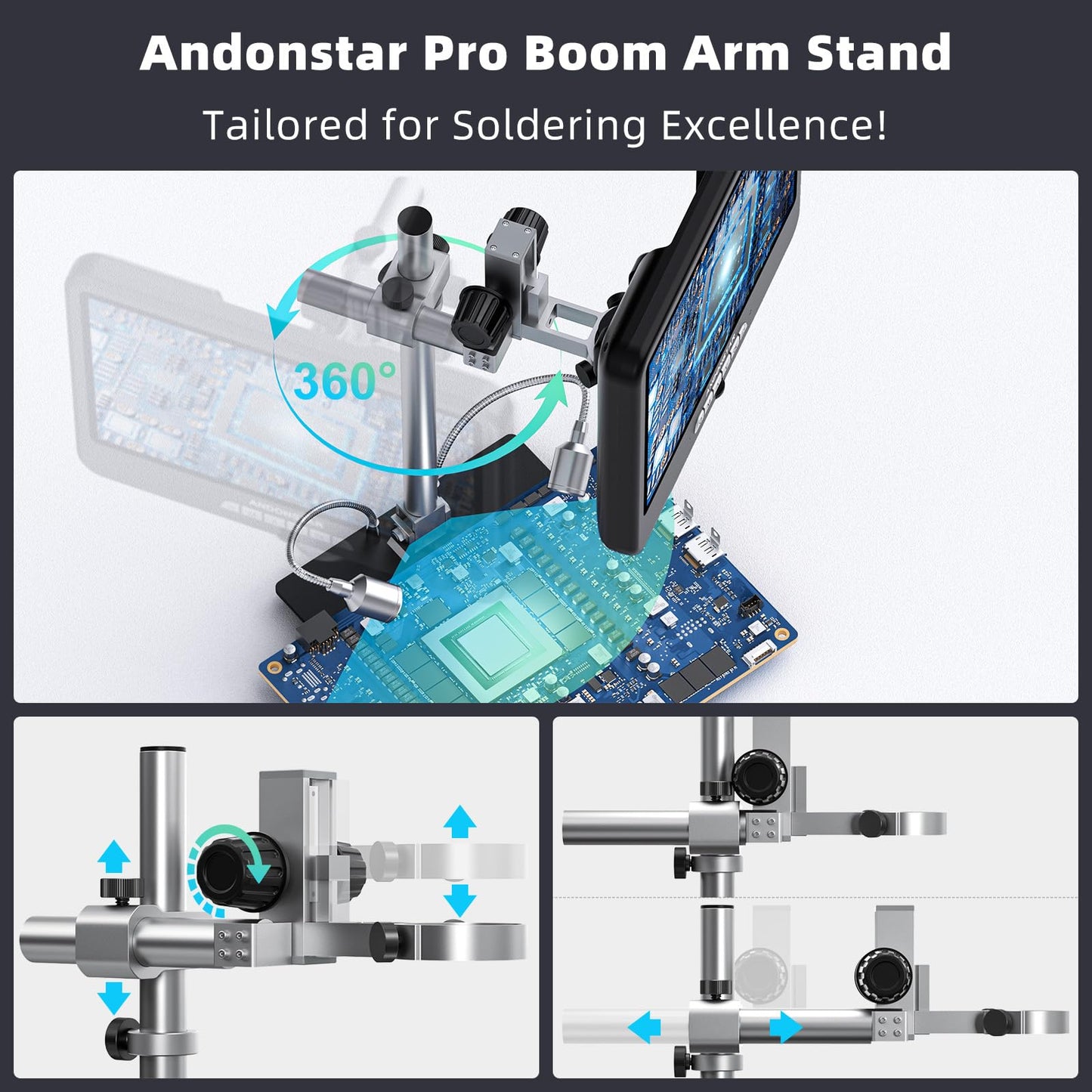 Andonstar 4K 60FPS 10.1" HDMI Digital Microscope for Soldering, 64MP 3840P UHD Video Audio Record, AD210S-Pro Electronic PCB Microscope for Adults, Error Coins, Pro Boom Arm Stand, 64GB