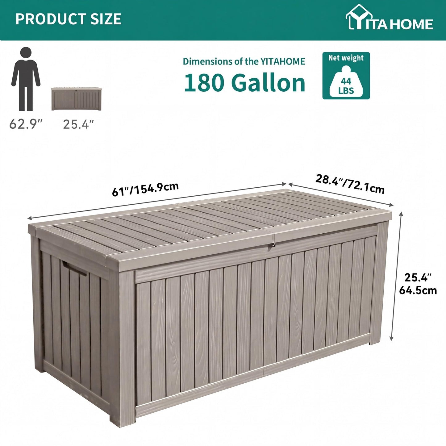 YITAHOME 180 Gallon Large Outdoor Storage XL Deck Box w/Divider for Patio Furniture,Outdoor Cushions, Garden Tools, Sports Equipment and Pool Supplies, Waterproof, Resin, Lockable, Taupe