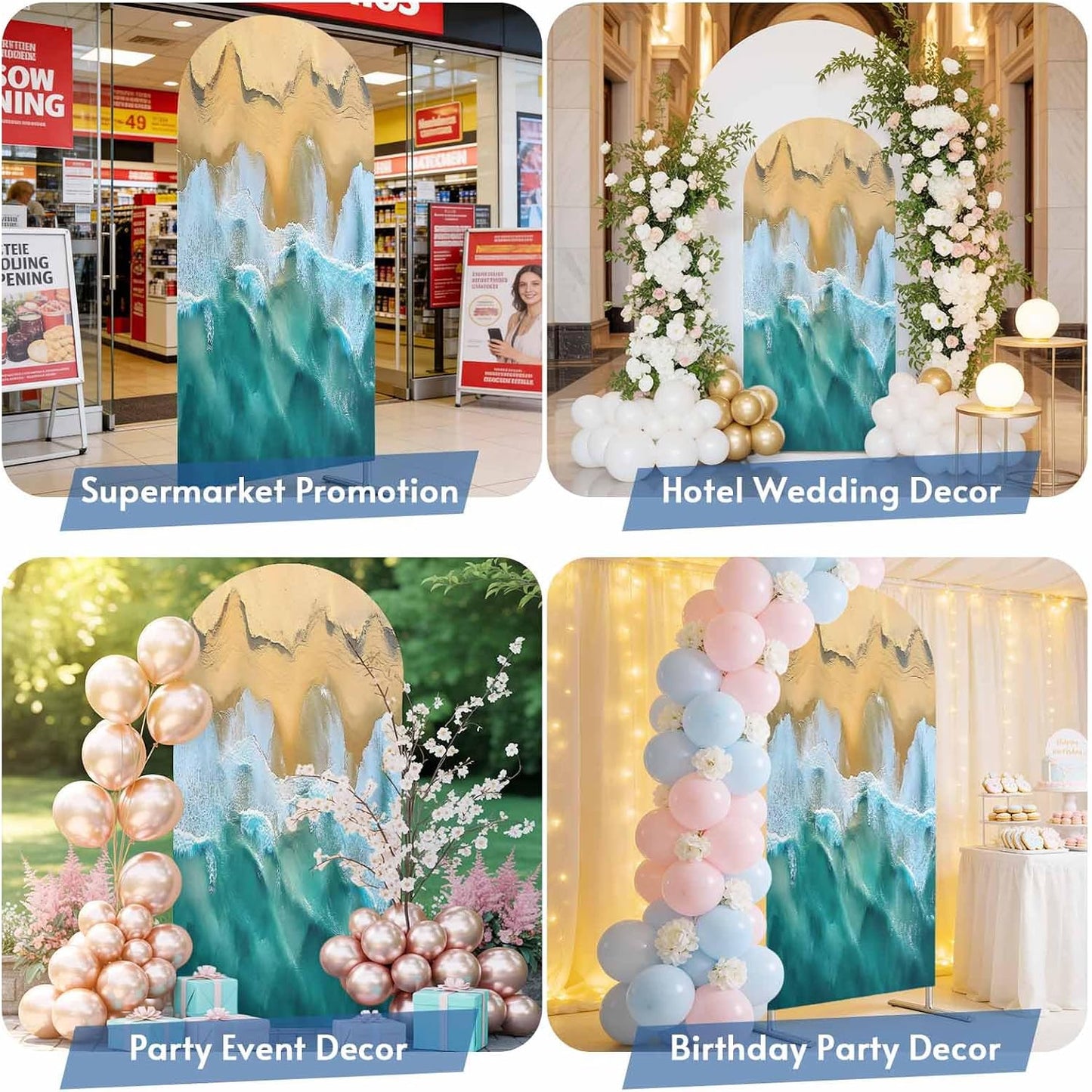 Jnbasdffb 6.6 Blue Coastal Wedding Arch Cover,Stretchy Spandex Arch Backdrop Stand Covers FT,Yellow Beach Ocean Modern
