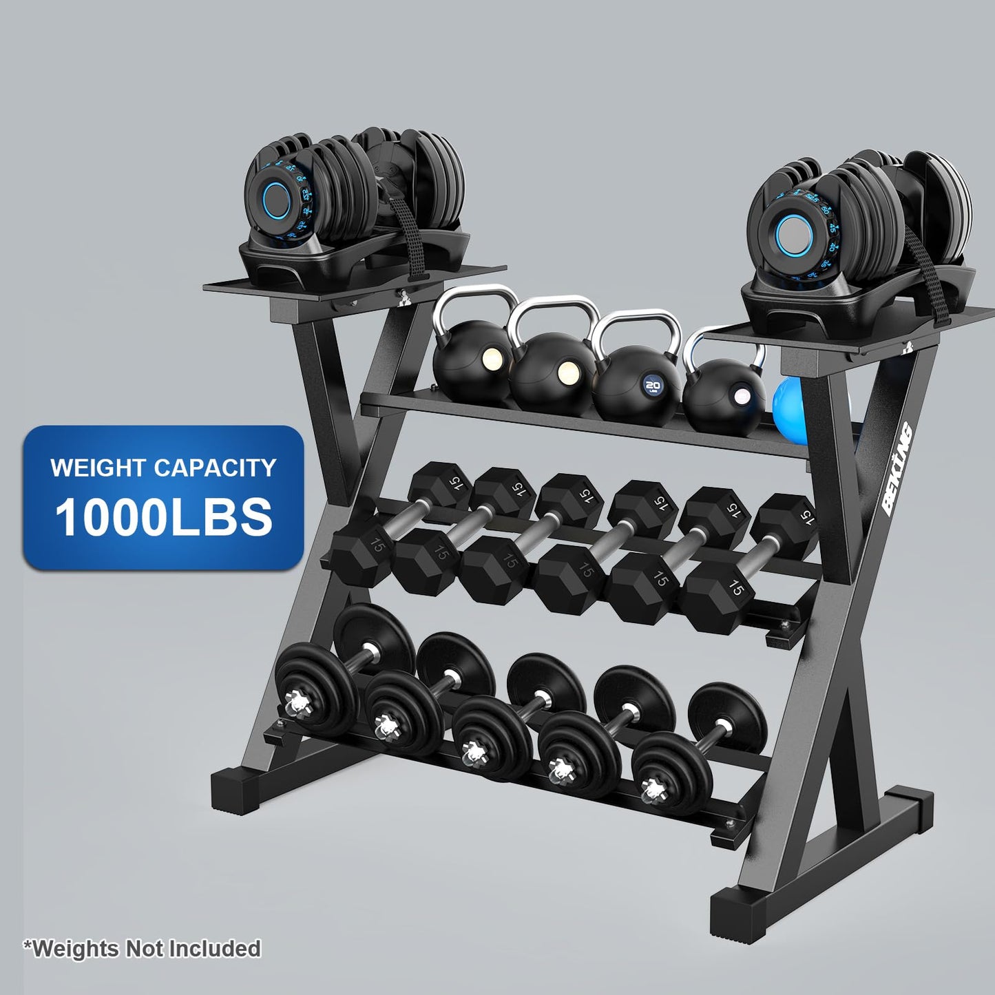 BEKING Dumbbell Rack, 4 Tier Weight Storage Rack for Dumbbells, Kettlebells, Adjustable Dumbbell Stand Multilevel Free Weight Organizer for Home Gym Fitness