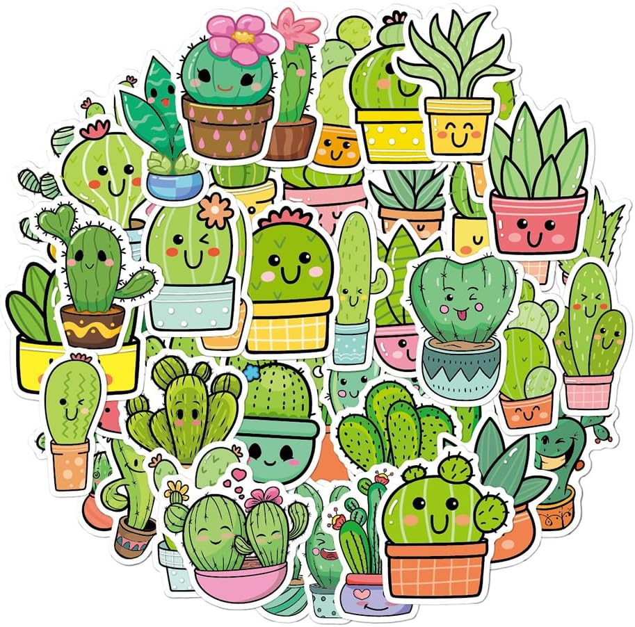 Ratgoo 50 Pack Pcs Lovely Cactus Stickers Cheerful Green Botanical Waterproof Vinyl Decal Stickers for Water Bottles