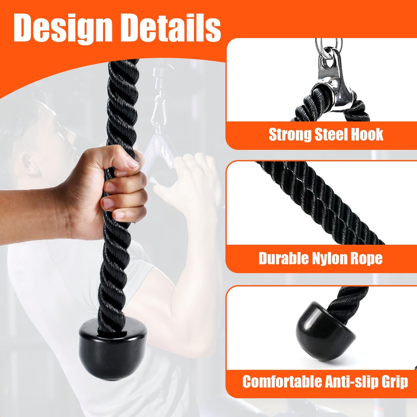 Warmroom Long Tricep Pull Down Rope Exercise Tricep Rope 55 inch Pull Down Rope with Latch Gym Cable Machine Accessories