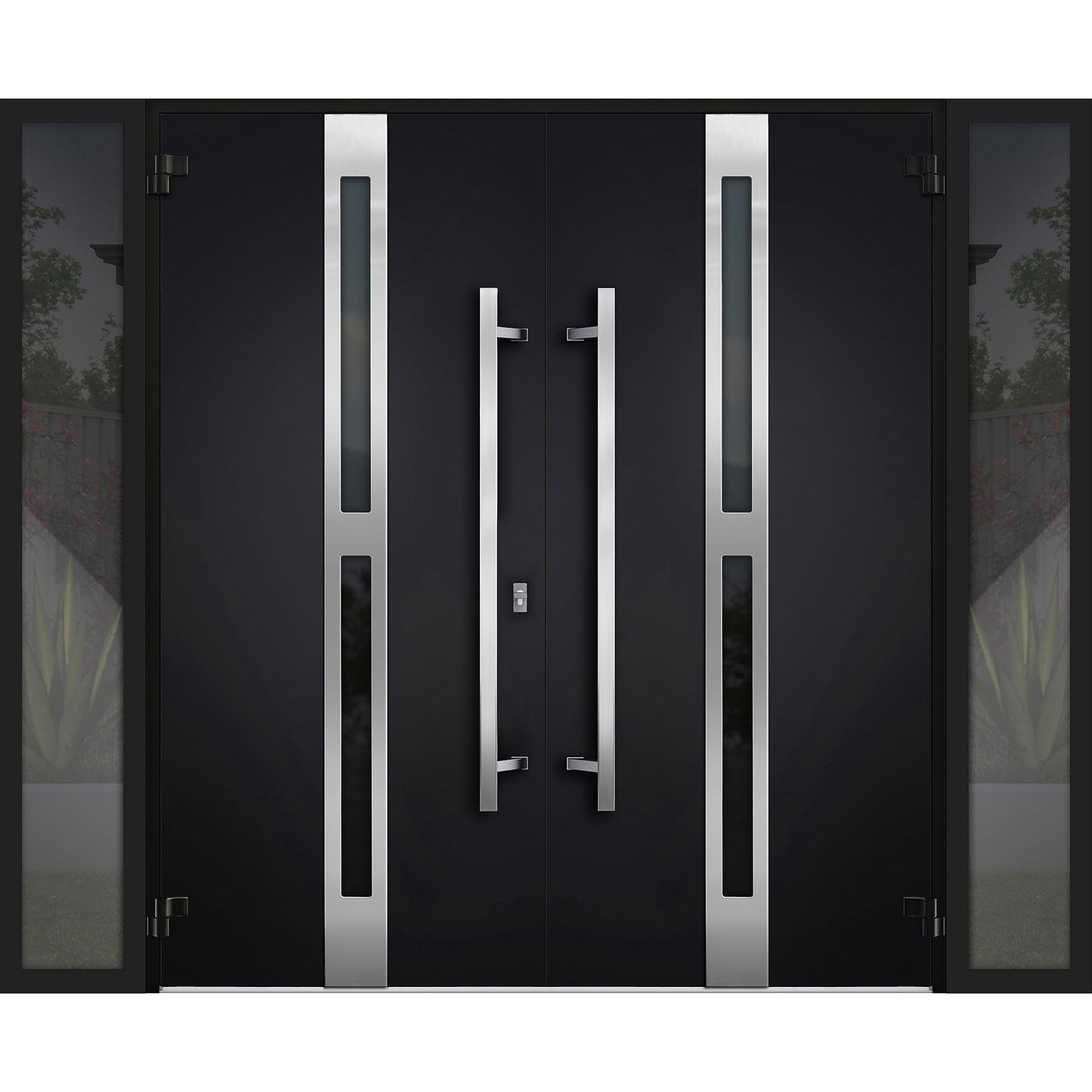 VDOMDOORS Front Exterior Prehung Metal Double Doors/Deux 1755 Black Enamel Tinted Black Glass / 2 Sidelites Exterior Windows/Entry Modern Painted Right Inswing Active Door 104" x 80"