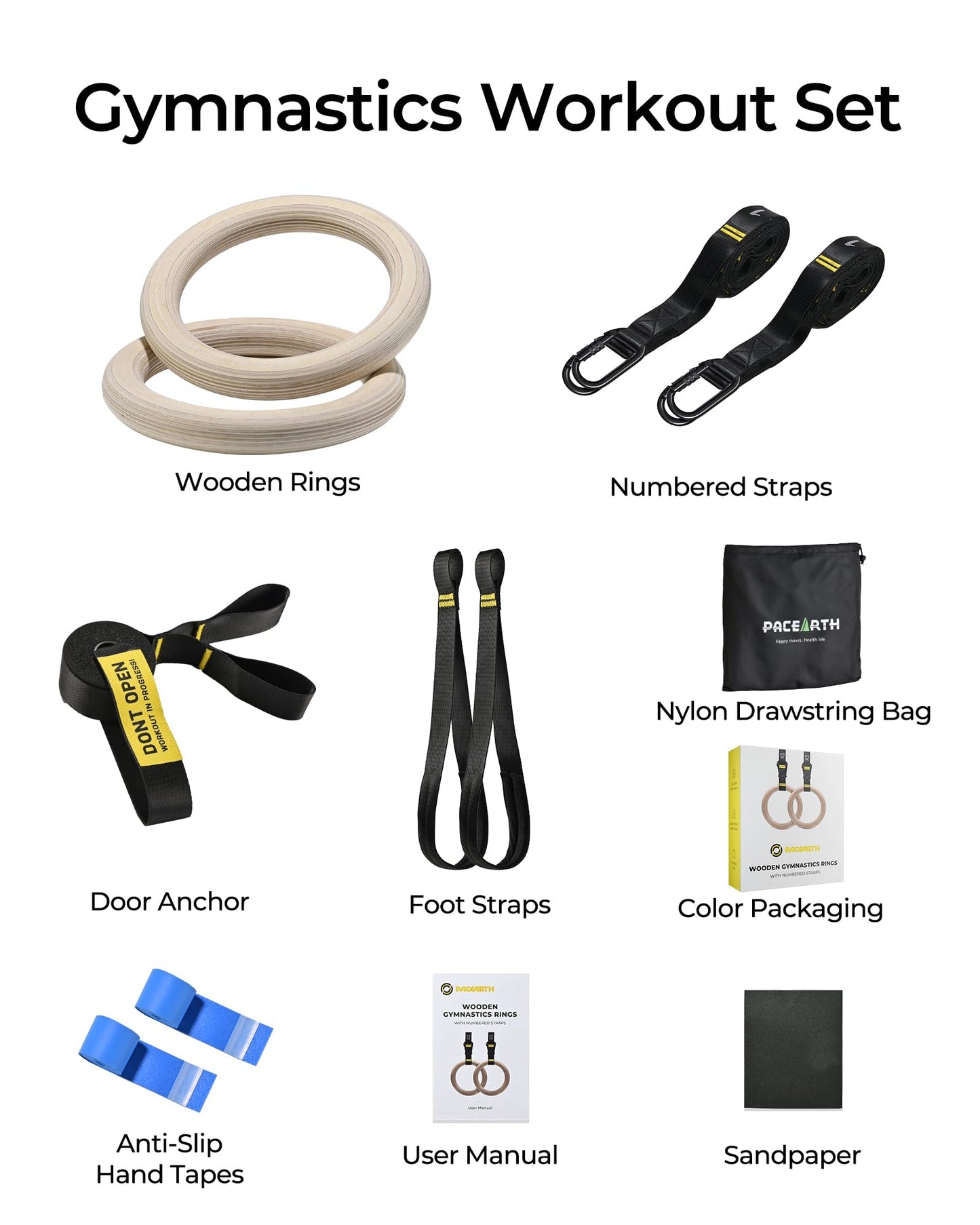 PACEARTH Gymnastics Rings 32mm Wooden Olympic Rings Support 1500lbs Locked Carabiners 9ft Double-Layer Numbered Straps Non-Slip Gym Rings with Foot Straps Door Anchor for Home Gym Full Body Workout