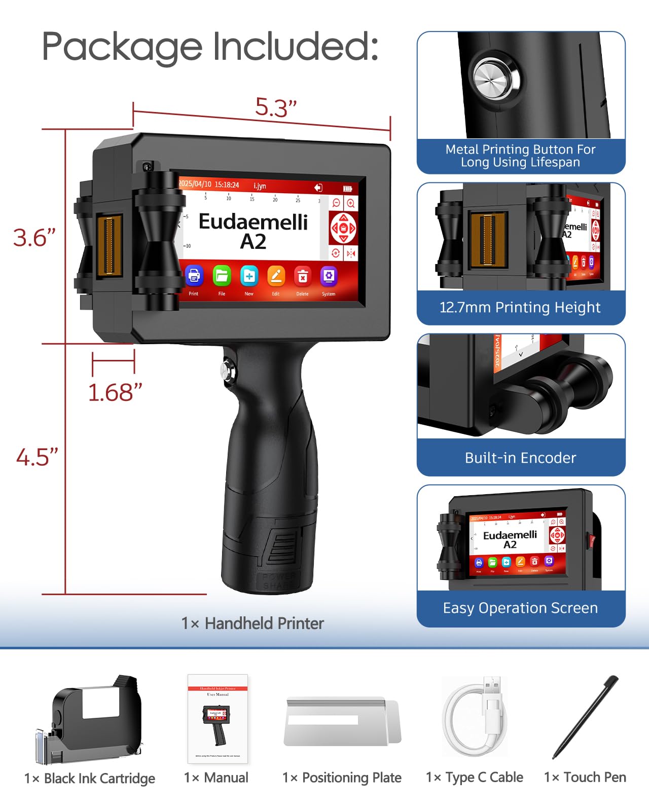 1" Handheld Inkjet Printer Gun,A2 Portable Ink Batch Coder with 42ml Fast-Drying Ink,4.3" Touch Screen Hand Held Printers for QR Code,Barcode,Batch Number,Text,Date Printer (Printing Height: 2-25.4mm)