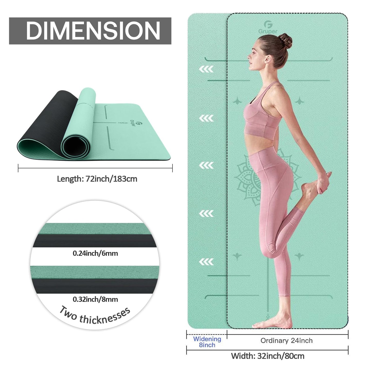 Yoga Mat Non Slip TPE Thick Yoga Mat with Alignment Mark, Large Size 72"L x 32"W x 0.32"Th or 0.24"Th, Anti-Tear Exercise & Fitness Mat for Yoga, Pilates & Floor Workouts (Green Black, Thickness-6mm)