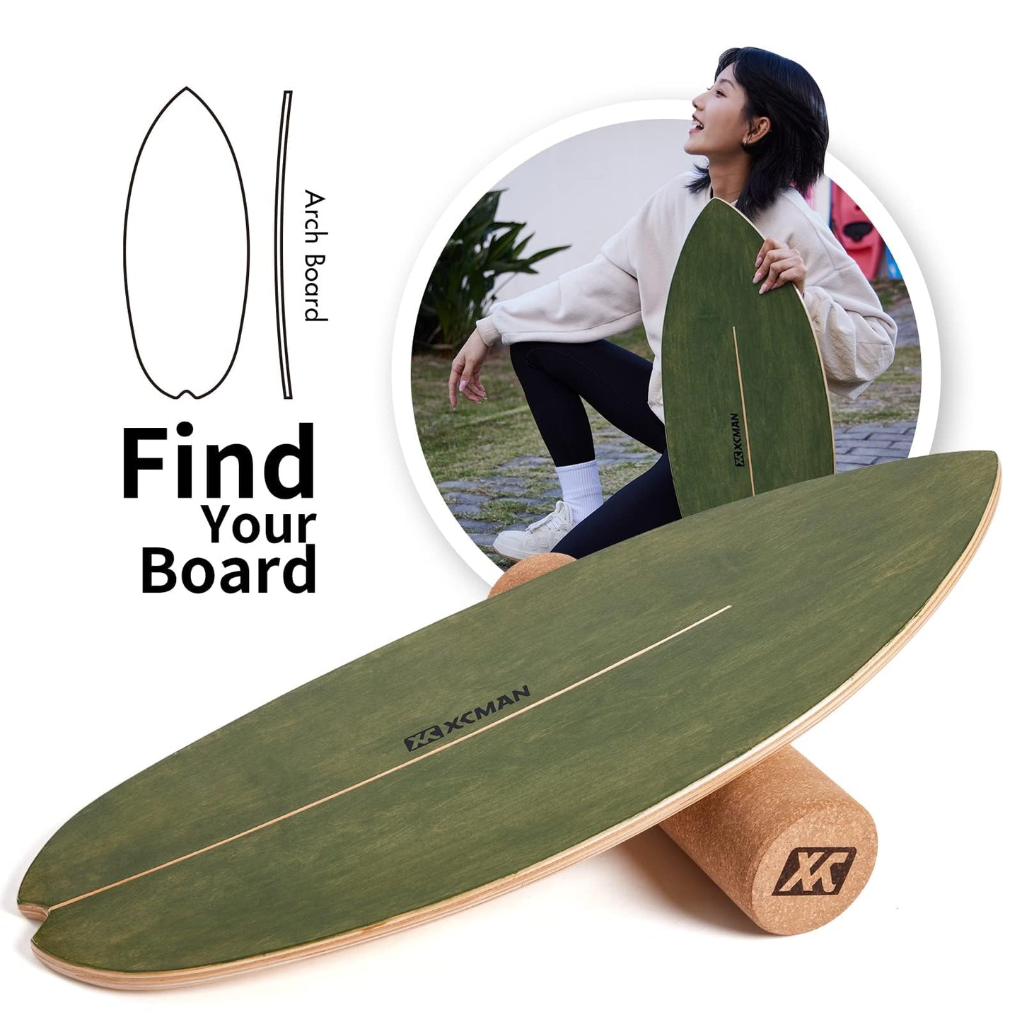 XCMAN Surf Balance Board Trainer with Roller Wooden Exercise Balancing Stability Trainer - Non Slip Surface for Adults |Balance Board Surfing,Snowboarding,Skateboarding,Hockey,Yoga