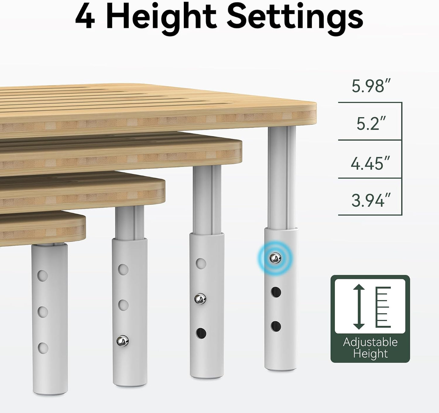 4 Bamboo Monitor Stand Riser, Adjustable Height, Laptop Stand with Airflow Vents, Desk Organizer for Computer, PC