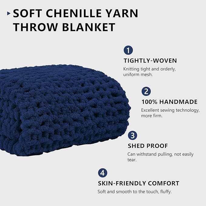 L'AGRATY Chunky Knit Blanket Throw: 72''x84'' Chenille Chunky Knitted Throw Blankets for Bed Couch - Handmade Thick Big Cable Knit Blanket - Large Crochet Blankets for Home Decor(Navy Blue)