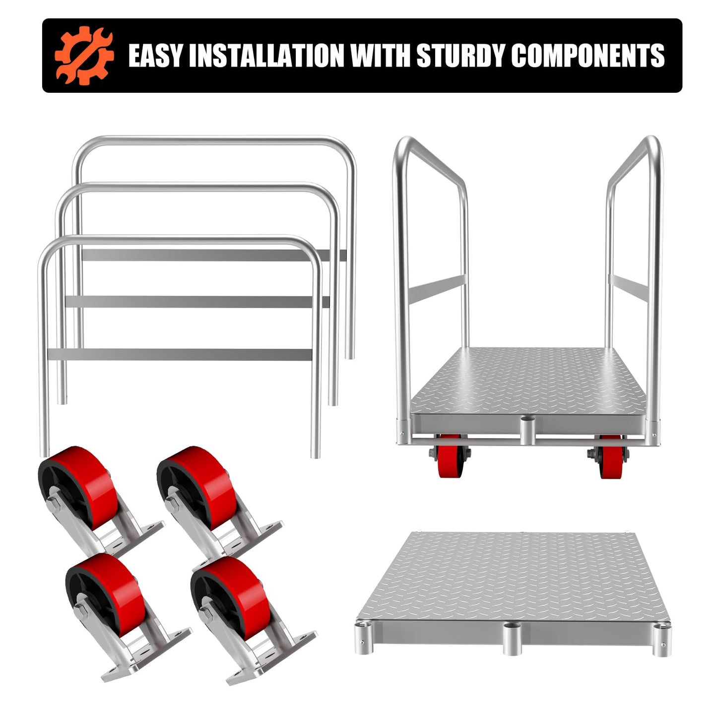 2-in-1 Heavy Duty Panel Truck Cart, 36 in x 24 in All Steel Platform Truck with 1Front & 2 Side Handrails, 2200 LBS Cart with 4 Rubber Swivel Casters for Loading and Storage, 6 Holes