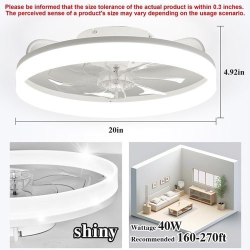 Ceiling Fans with Lights and Remote Fandelier - White 20'' Flush Mount Low Profile Modern Ceiling Fans for Bedroom - Stepless Color Temperature and 6 Speeds, White
