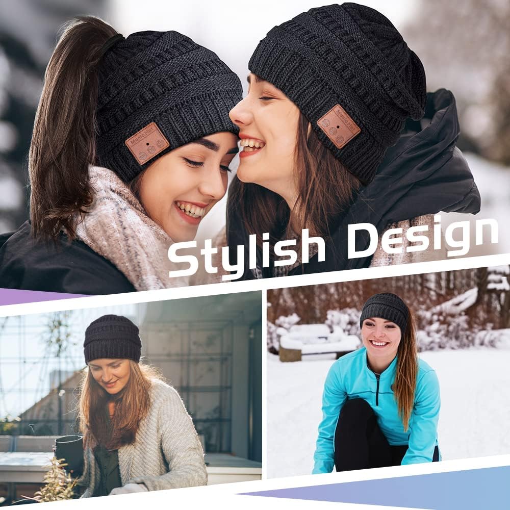 Womens Gifts for Christmas Stocking Stuffer Bluetooth Beanie Women: Ponytail Beanie Bluetooth Hat with Bluetooth