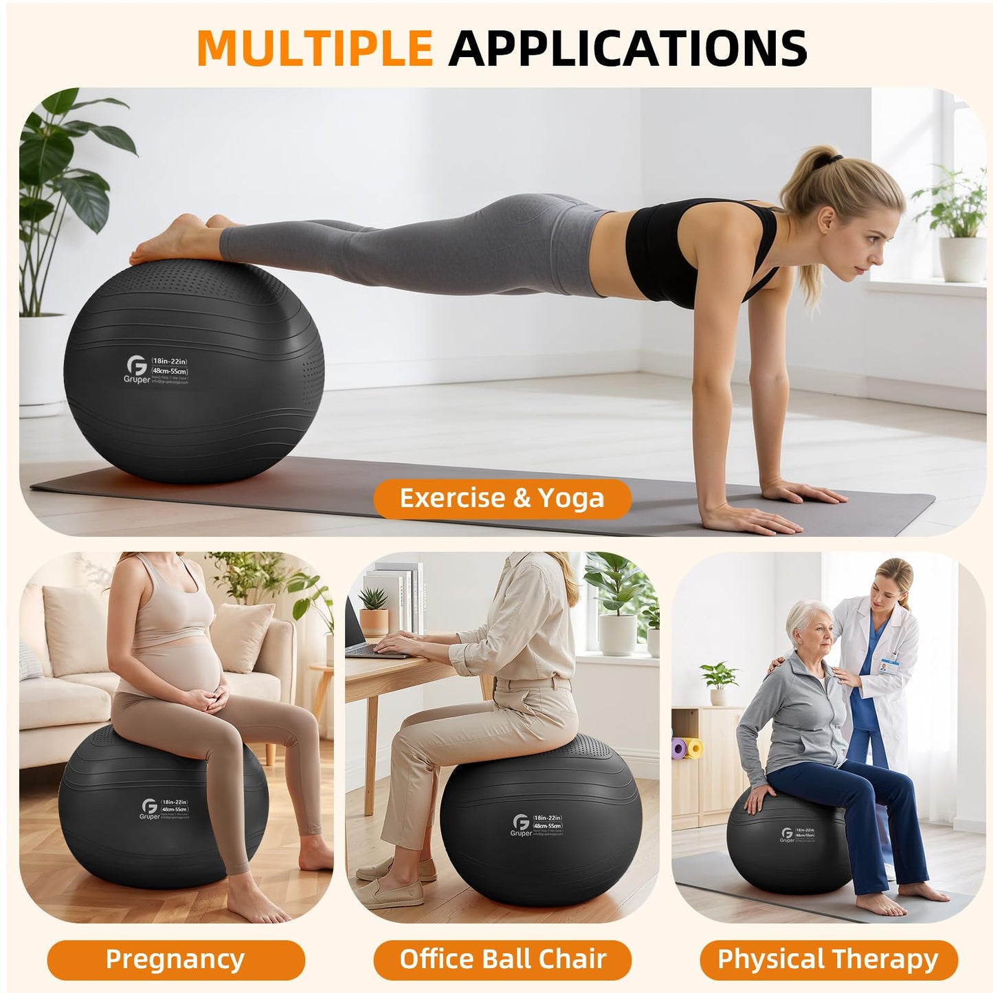 Gruper Yoga Ball, Extra Thick Non Slip Exercise Ball for Workout, Birthing, Balance, Stability, Pregnancy, 4 Sizes Anti Burst Chair for Home and Office, Includes Quick Pump & Fitness Guide