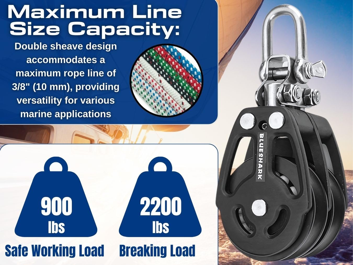 Blue Shark 2254-38 mm Fixed Double Aluminum Sailing Block - Max Line: 3/8” (10 mm), Safe Working Load (SWL): 1600 lbs, Breaking Load: 2850 lbs (1-Pack)