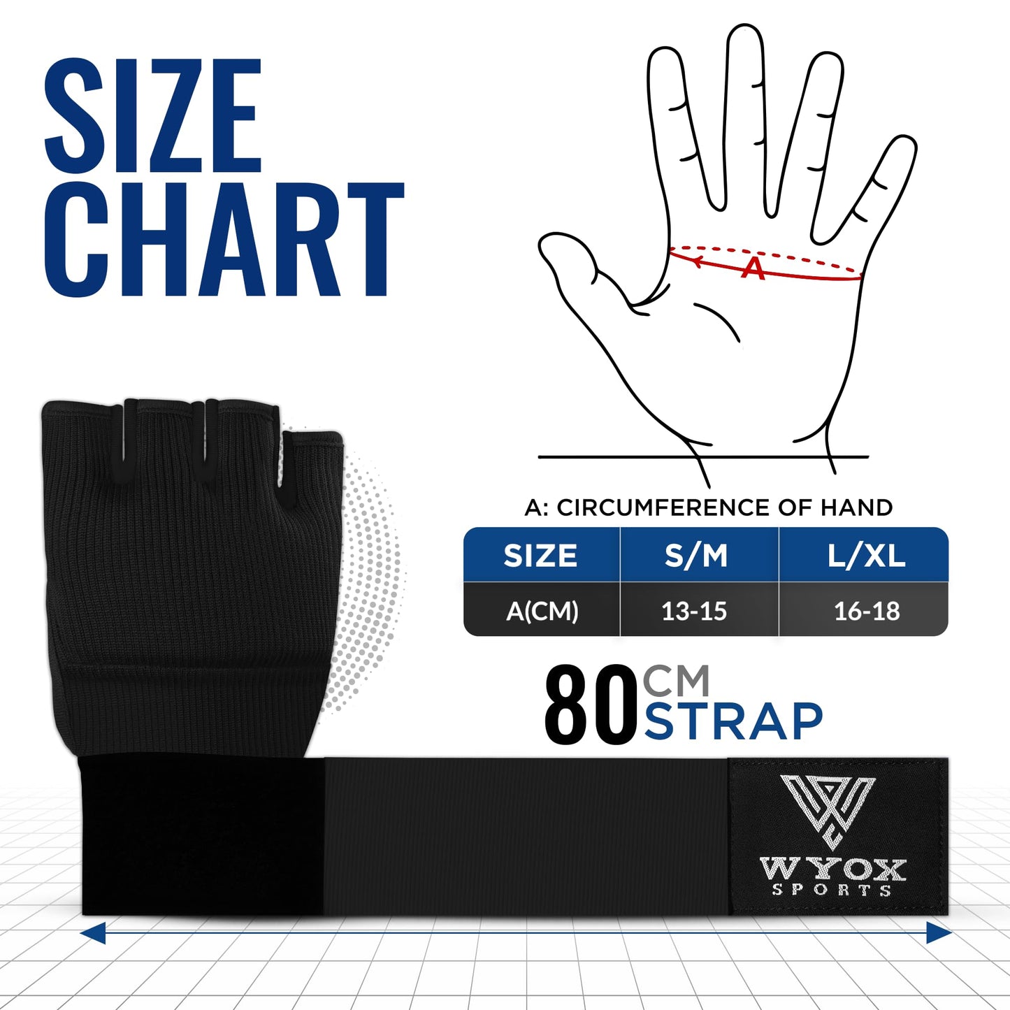 WYOX Gel Boxing Hand Wraps Inner Gloves for Men & Women – 80cm Quick Wrist Strap, Padded Knuckle Support, Fingerless MMA Muay Thai Kickboxing Wraps for Training, Punching & Martial Arts