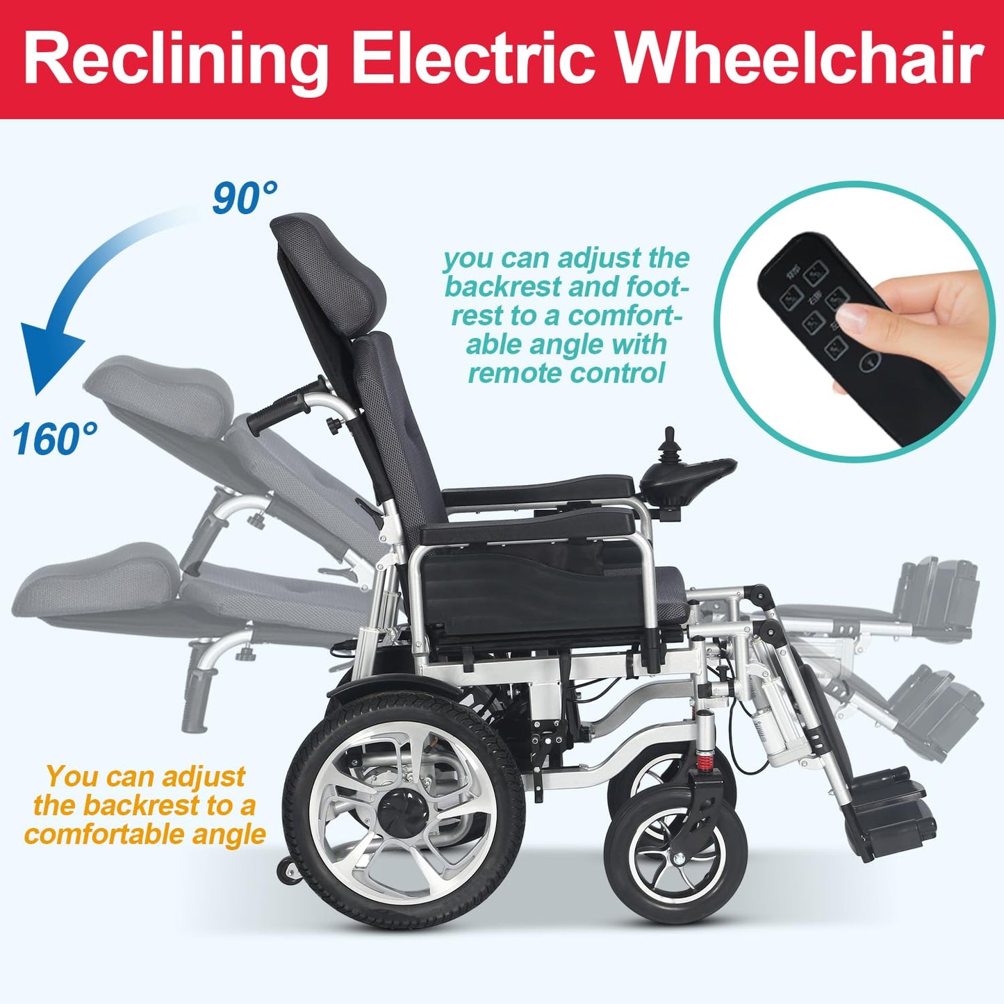 Reclining Foldable Electric Wheelchairs for Adults,Remote Control Electric Wheelchair,Lightweight Power Motorized Wheelchair,All Terrain Reclining Wheelchairs,Elder Mobility Aid-Airline Approved