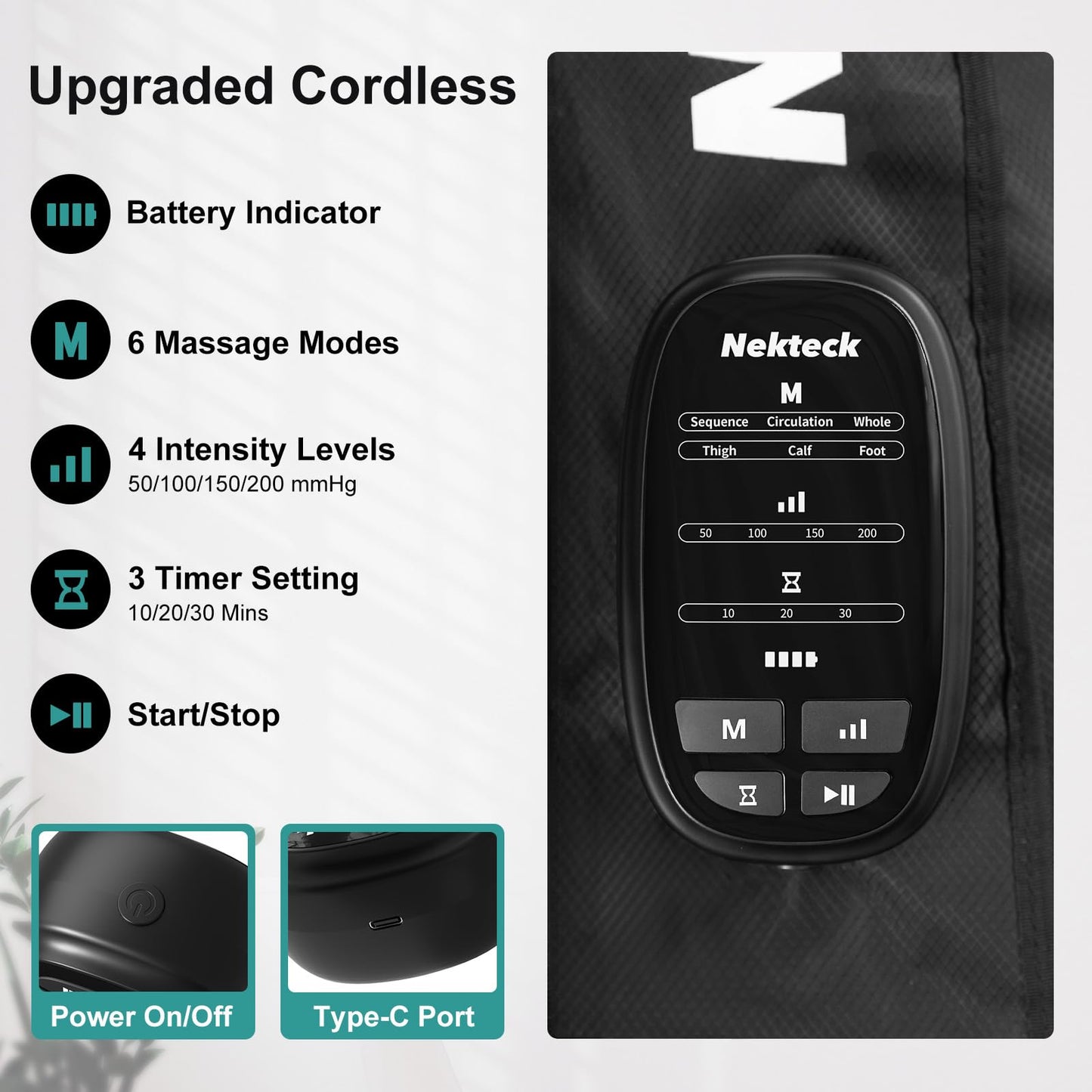 Nekteck Cordless Leg Compression Massager, Rechargeable Massage Tools for Circulation and Pain Relief, Portable Full Leg Boots, Gifts for Mom Dad Men Women, Single Unit