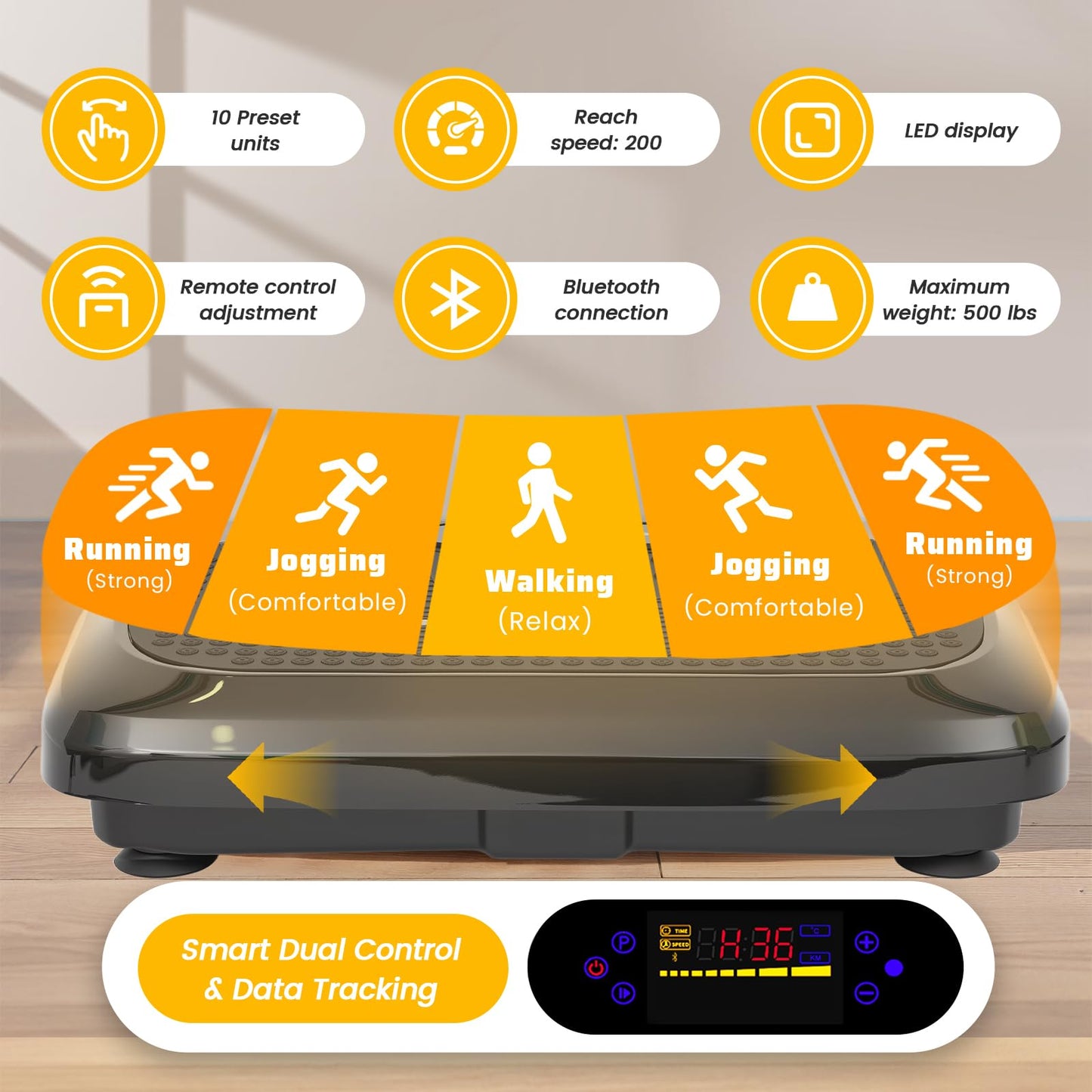 ALSO GO Large Vibration Plate Exercise Machine, 200 Speeds & 10 Models, 500LB Capacity, LED Display, Bluetooth Audio, Shake Plate with Loop Bands for Full Body Fitness, Lymphatic Drainage, Pain Relief