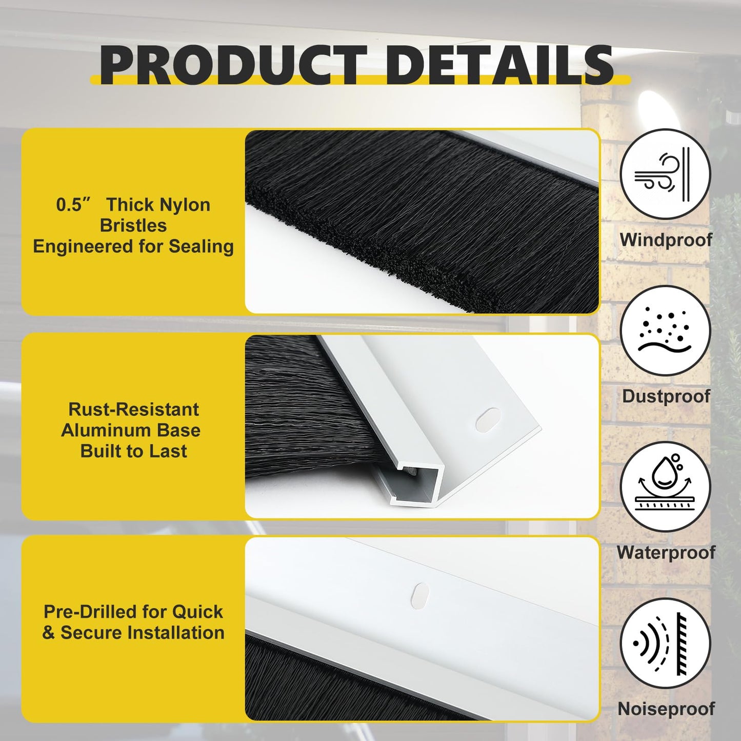 DoubleFill 10 x 10 ft Garage Door Brush Seal Kit, 3 Inch Roll up Door Seal with Aluminum Track, Heavy Duty Nylon Brush for Commercial Doors, Warehouse Barn, Energy Saving, Pest Proof, Black