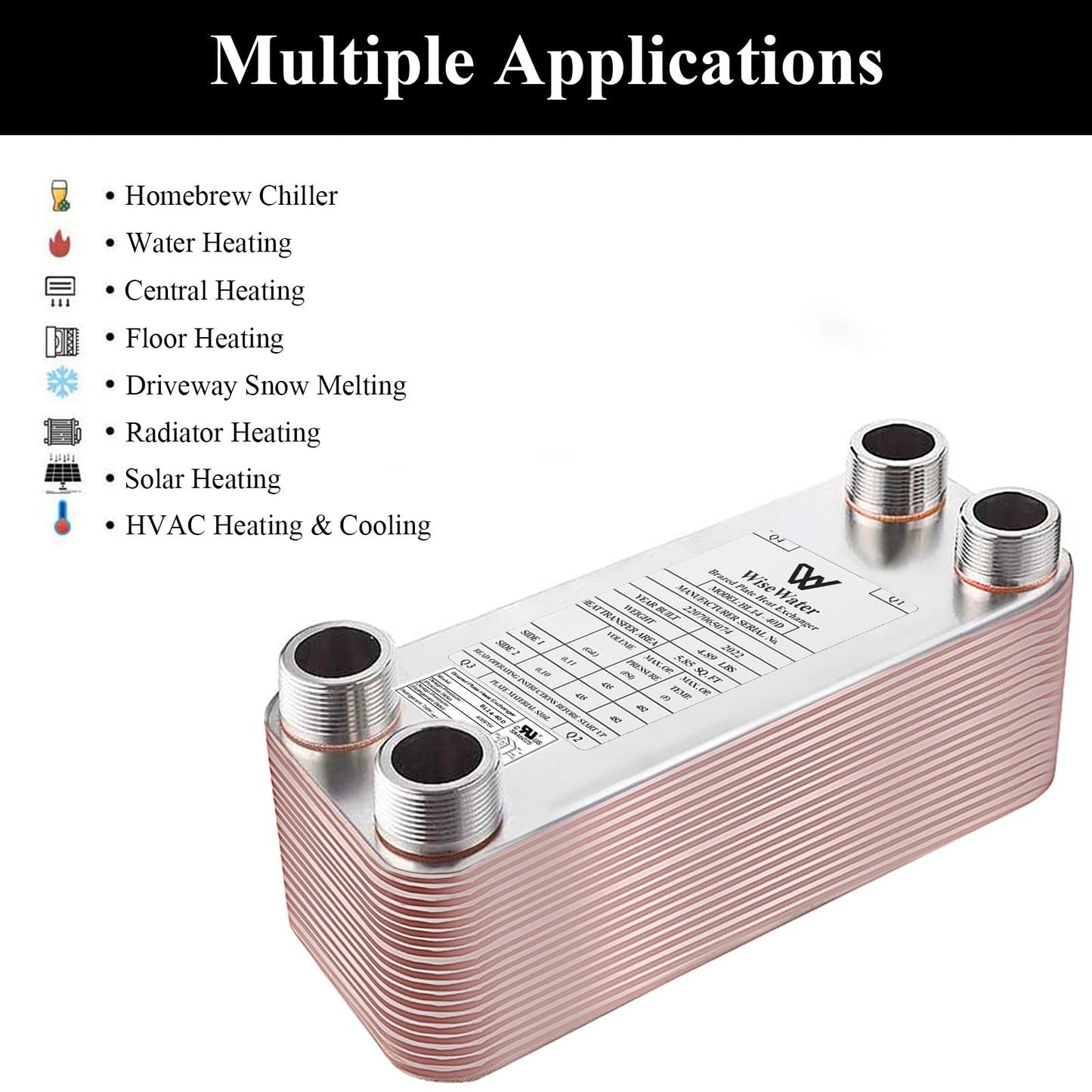 AB Plate Heat Exchanger, 3"x8" 40 Plates Water To Water Heat Exchanger, Copper/SS316L Stainless Steel Brazed Plate Heat Exchanger For Floor Heating, Water Heating, Snow Melting