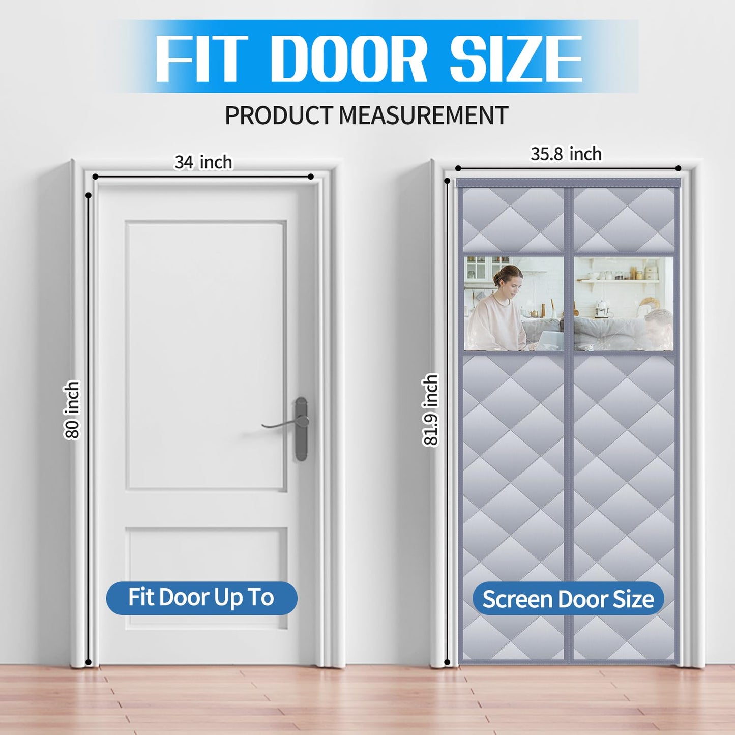 Magnetic Thermal Insulated Door Curtain with Detachable Visible Windows, Thicken Polyester Fiberfill & Durable Oxford Fabric, Hands Free Windproof Door Screen