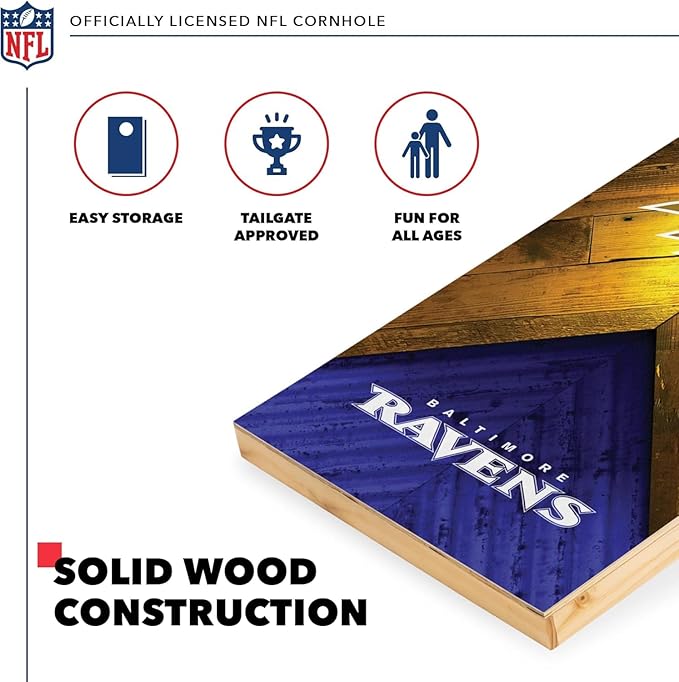 NFL Football 2' x 4' Regulation Size Solid Wood Cornhole Set with Direct Print HD Team Graphics Great Gift for Any Football Fan! Bean Bag Toss Family Outdoor Game