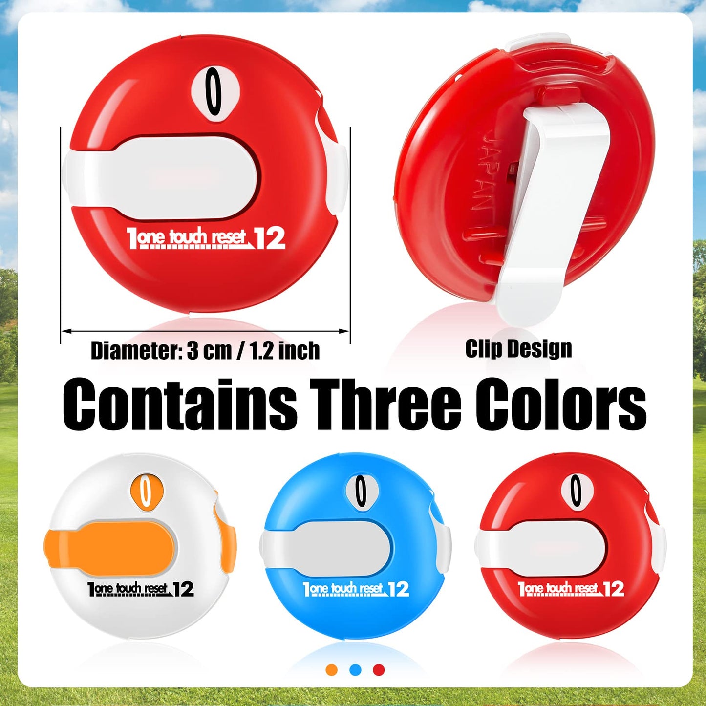 Fiada 3 Pcs 1.2 Inch Golf Score Counter for Women Mini Golf Stroke Counter Scoring Keeper up to 12 Shot to Scorekeeper Glove in(Orange, Red, Blue)