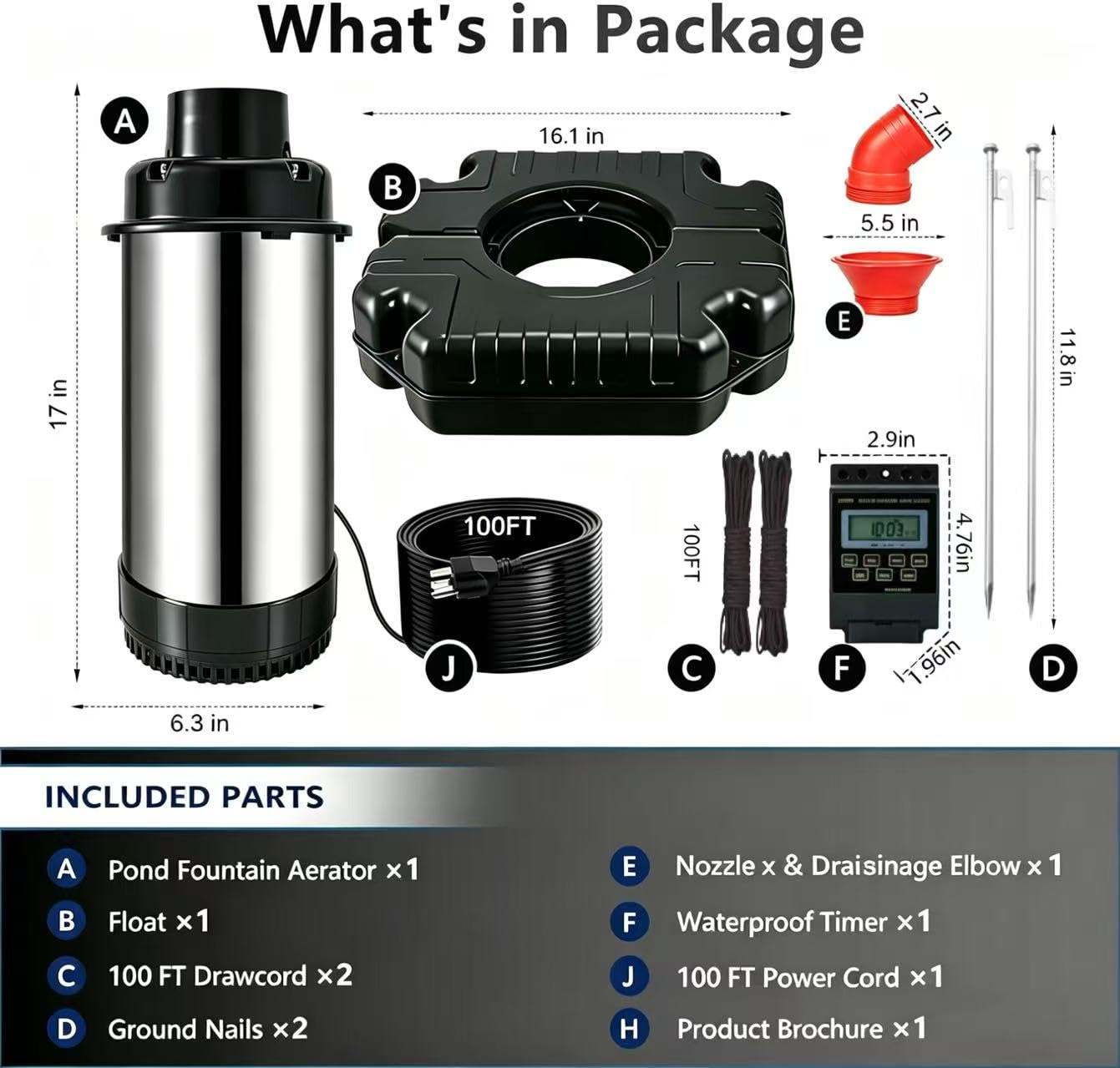 Pond Fountain Aerator, Pond Fountain, 1 HP Pond Aerator /110V 15,000 GPM, 100-foot Power Cord + 2 x 33-Foot Ropes/Timer Aerator Fountain, Suitable for Various Ponds and Lakes