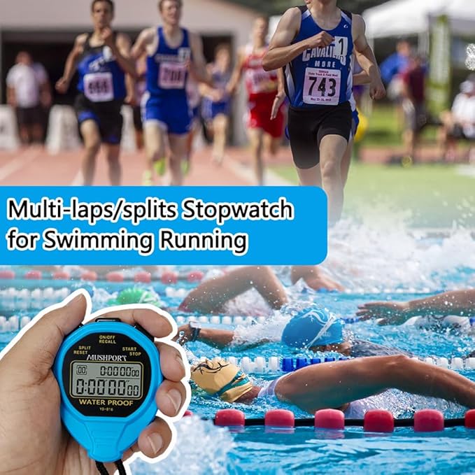 Waterproof Stopwatch Timer 30 Laps/Splits Only Stopwatch Mode, ON/Off Silent Memory Recall Simple Operation, Digital Stop Watch for Sports Swimming Running, Blue