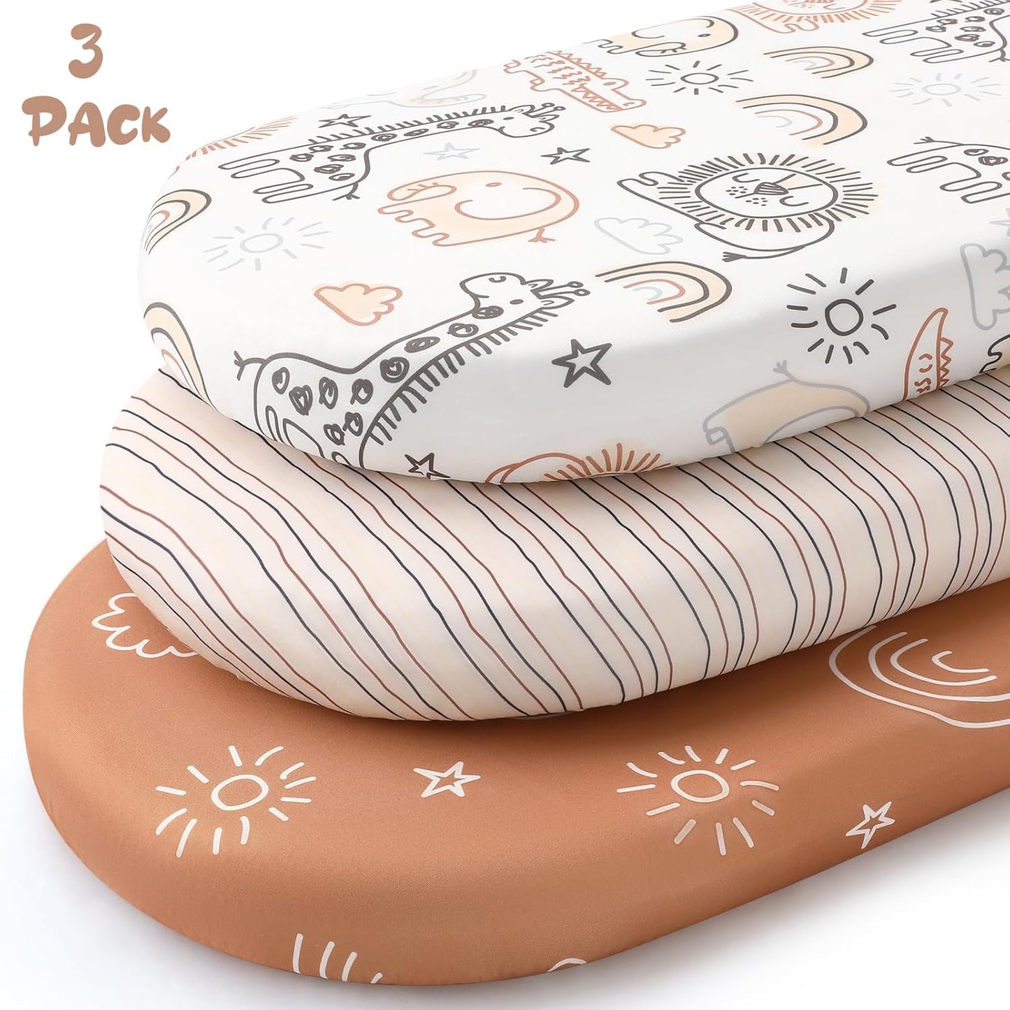 Yoofoss Bassinet Sheets - 3-Pack Fitted Sheets Set for Halo Bassinest | Soft, Breathable Fabric (Brown & Animals)