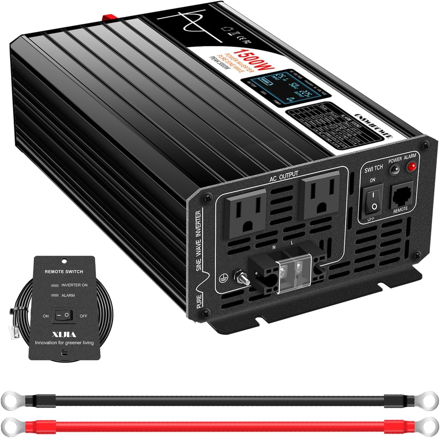 Xijia 1500W Power Inverter，24V to 120V Pure Sine Wave Inverter，Surge 3000W Solar Converter for Truck，Home Backup Solar Systems ，with Bluetooth Remote Control