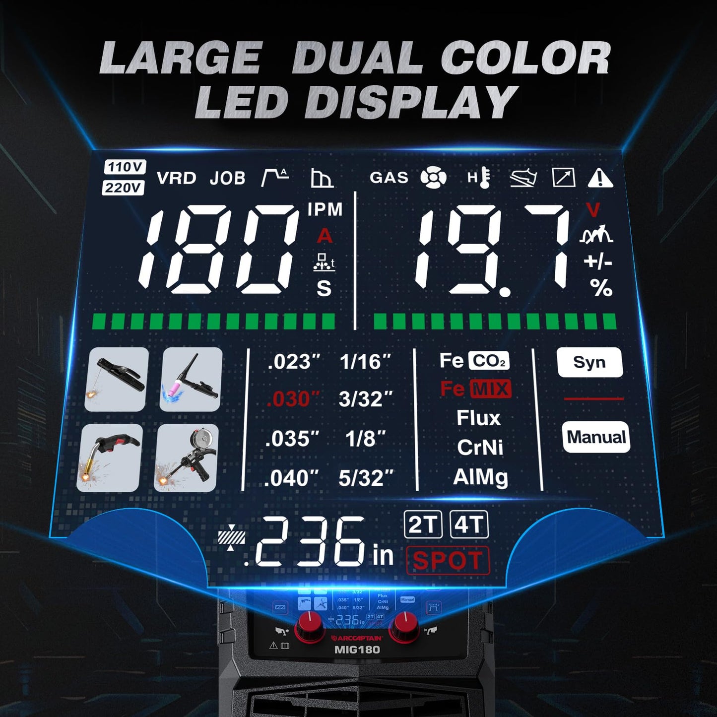 ARCCAPTAIN 180A MIG Welder 110V 220V, Large Dual Color LED Display 6-in-1 Gas MIG/Flux Core MIG/Stick/Lift TIG/Spot Welding/Spool Gun Aluminum Welding Machine with Synergy Control, 2T/4T