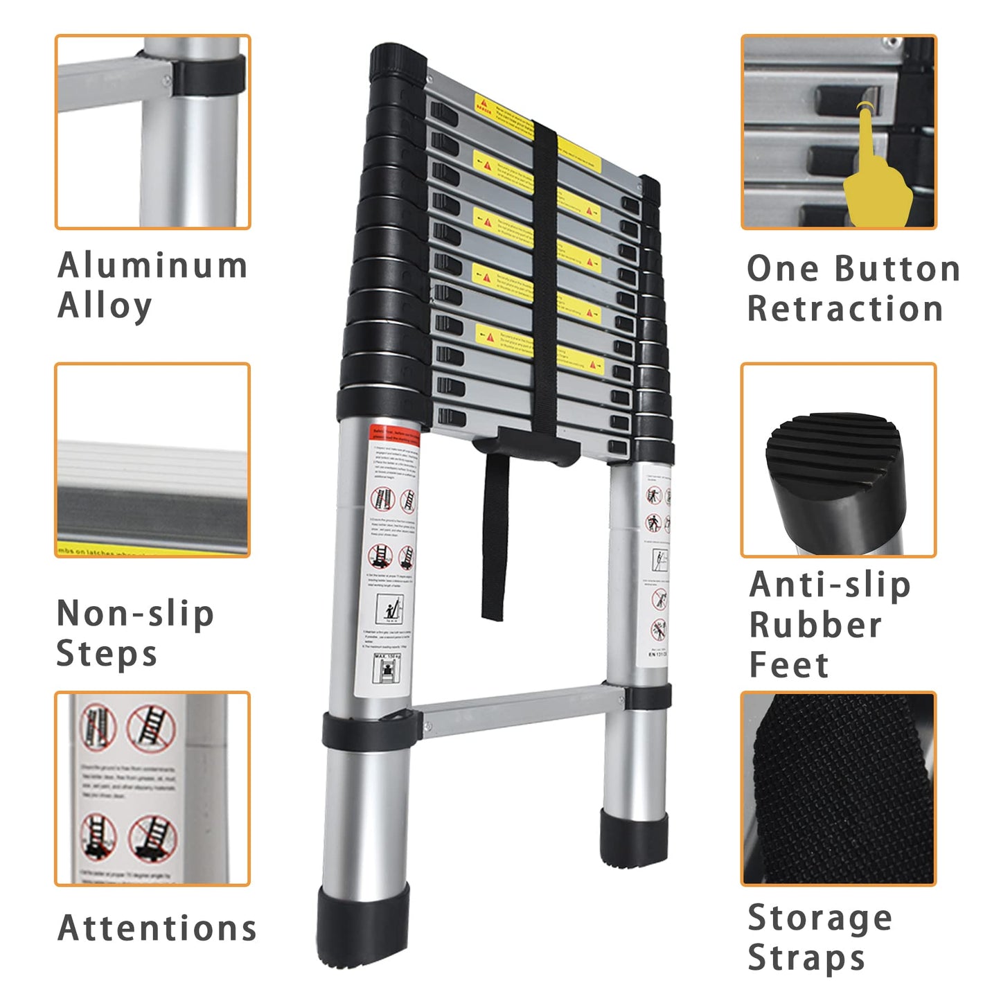 Telescoping Extension Ladder 14.5 FT, Folding Telescopic Aluminum Ladders, Lightweight Collapsible Ladder Step for RV Roof Attic Home, 330 LB Capacity (14.5 FT)