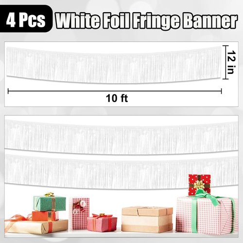 10 Ft White Foil Fringe Garland - Metallic Tinsel Streamers for Party Decorations | 4 Pack