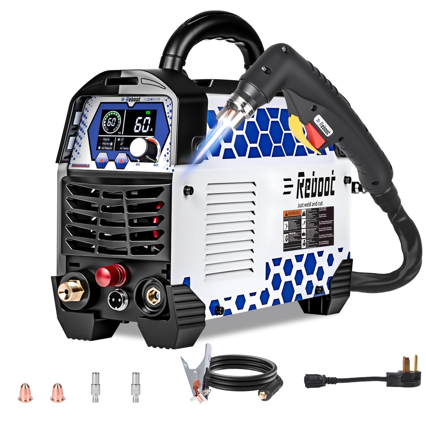 Reboot Plasma Cutter Non-High Frequency Non-Touch Blow Back Pilot Arc, 1" (25mm) Max Cut 5/8 Inch Clean Cut, 2T/4T, Large LED Display Gouging/Marking/Mesh Plate Cutting 120V/240V Dual Voltage