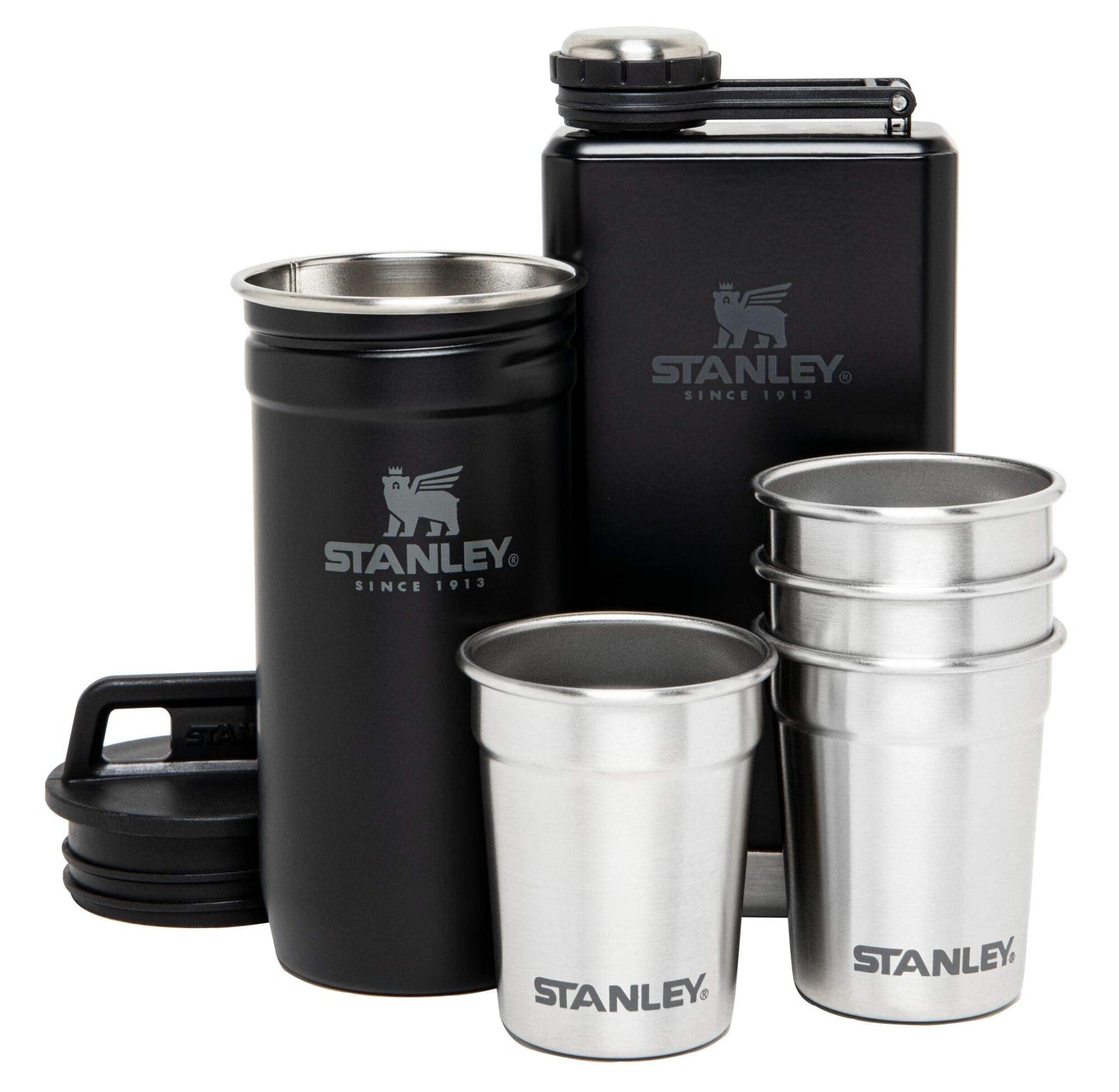 Stanley Adventure Pre-Party Flask and Nesting Shot Glass Set | 8 oz Leakproof Hip Flask | 4 Shot Glasses in Travel Carrying Case | Insulated Stainless Steel Liquor Flask | BPA-Free | Matte Black