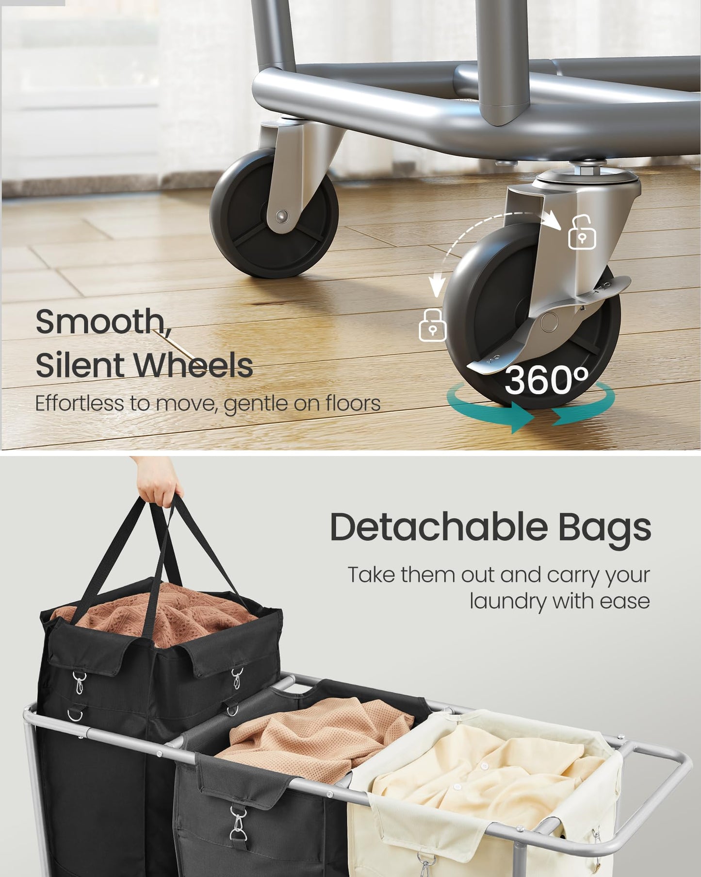 SONGMICS Laundry Basket with Wheels, 3-Section Laundry Sorter, 76.6 Gallons (290 L) Rolling Hamper with Removable Bags, Heavy-Duty Steel Frame, Cream White, Dark Gray and Ink Black URLS010X01