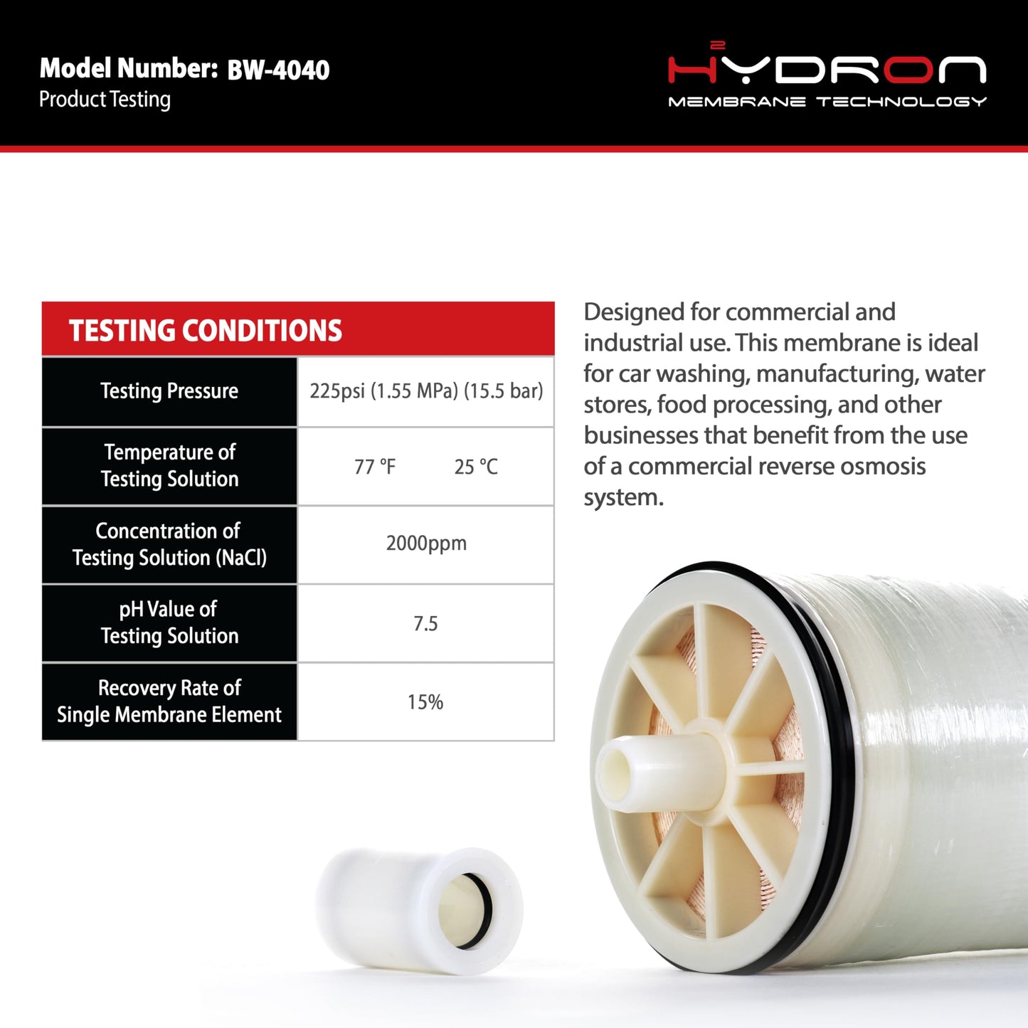 Hydron BW-4040 Reverse Osmosis Membrane – 4" x 40", 2400 GPD | High Performance for Commercial, Industrial, Agricultural, Whole House | Compatible with AG4040FF, AG4040TF, TW30-4040, RE4040-BE